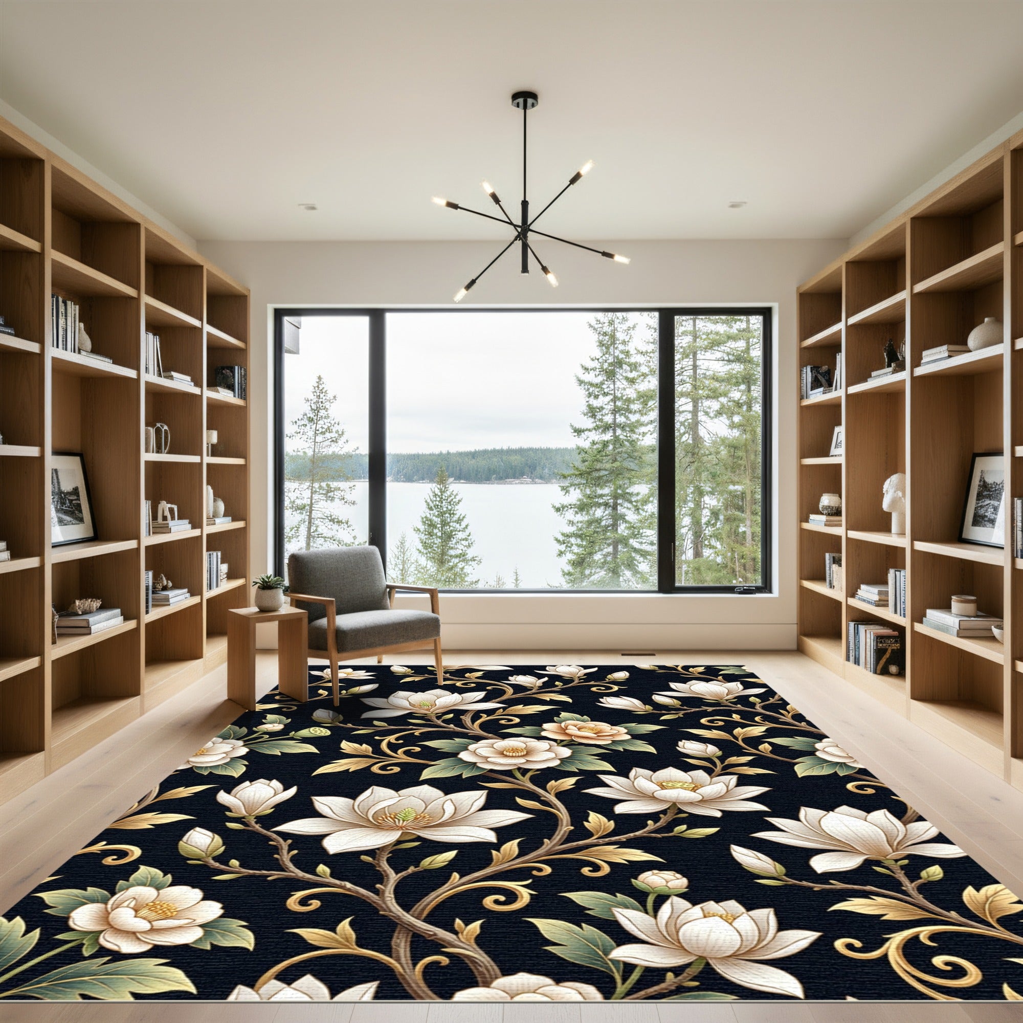 Rich Cream Magnolia Vine Pattern Rug