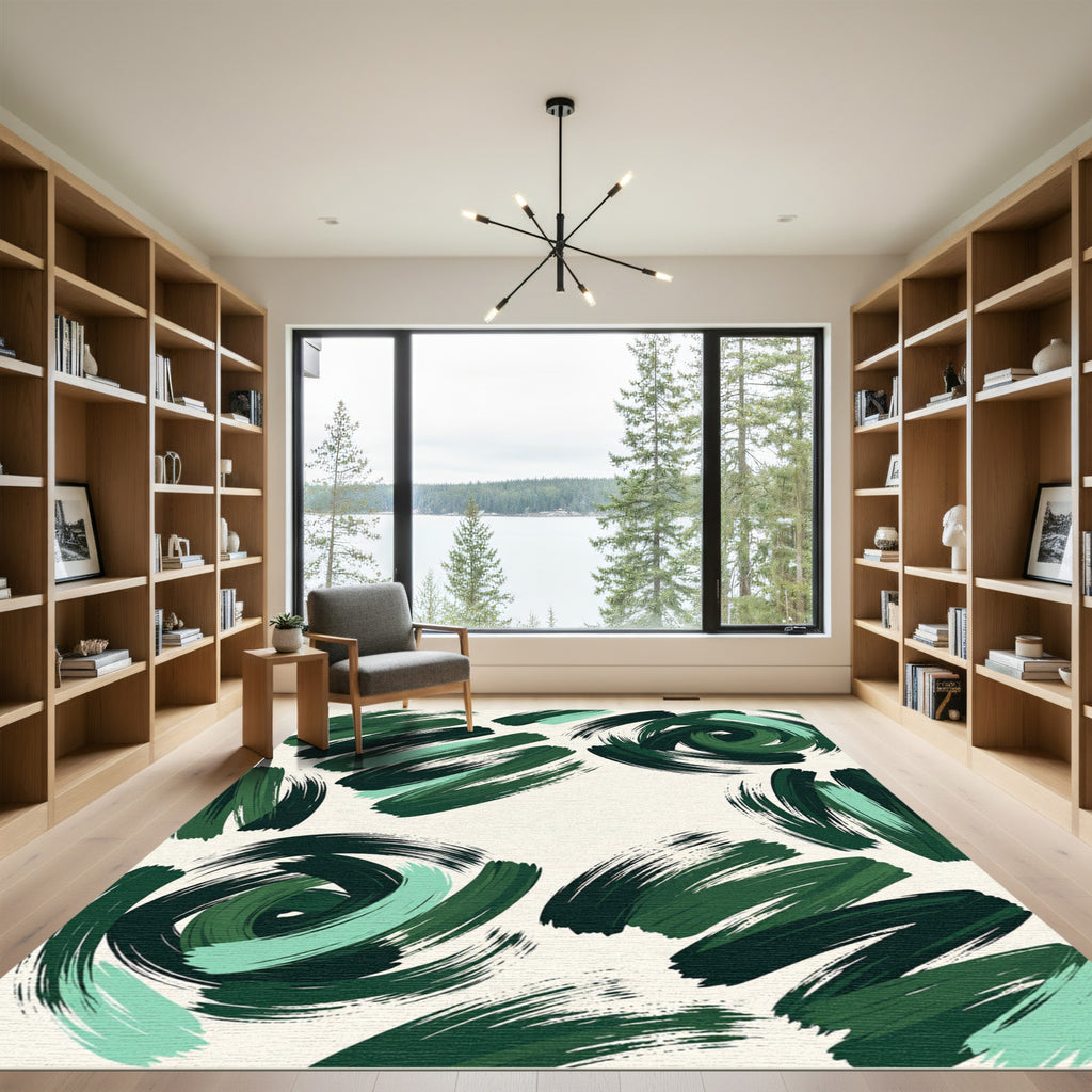 Emerald Forest Swirl Abstract Art Rug