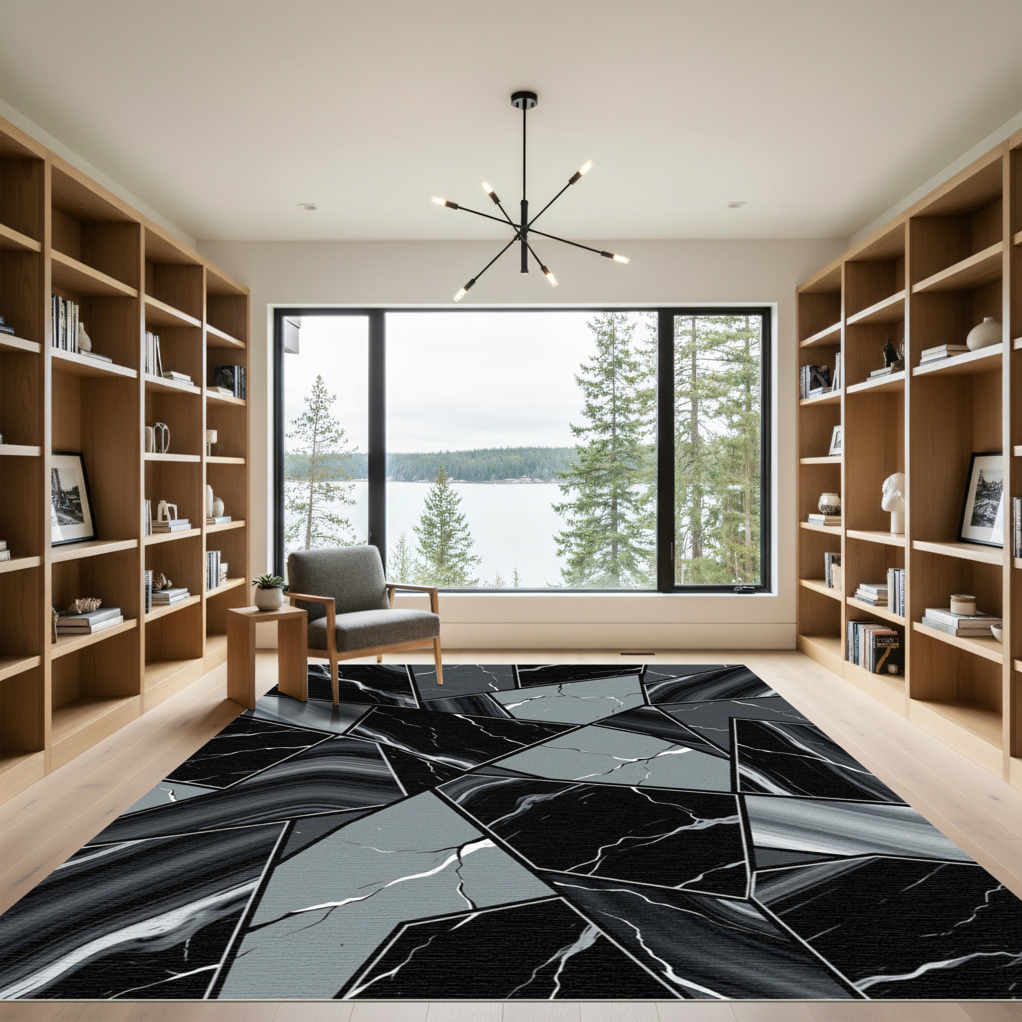 Abstract Black White Marble Mosaic Rug