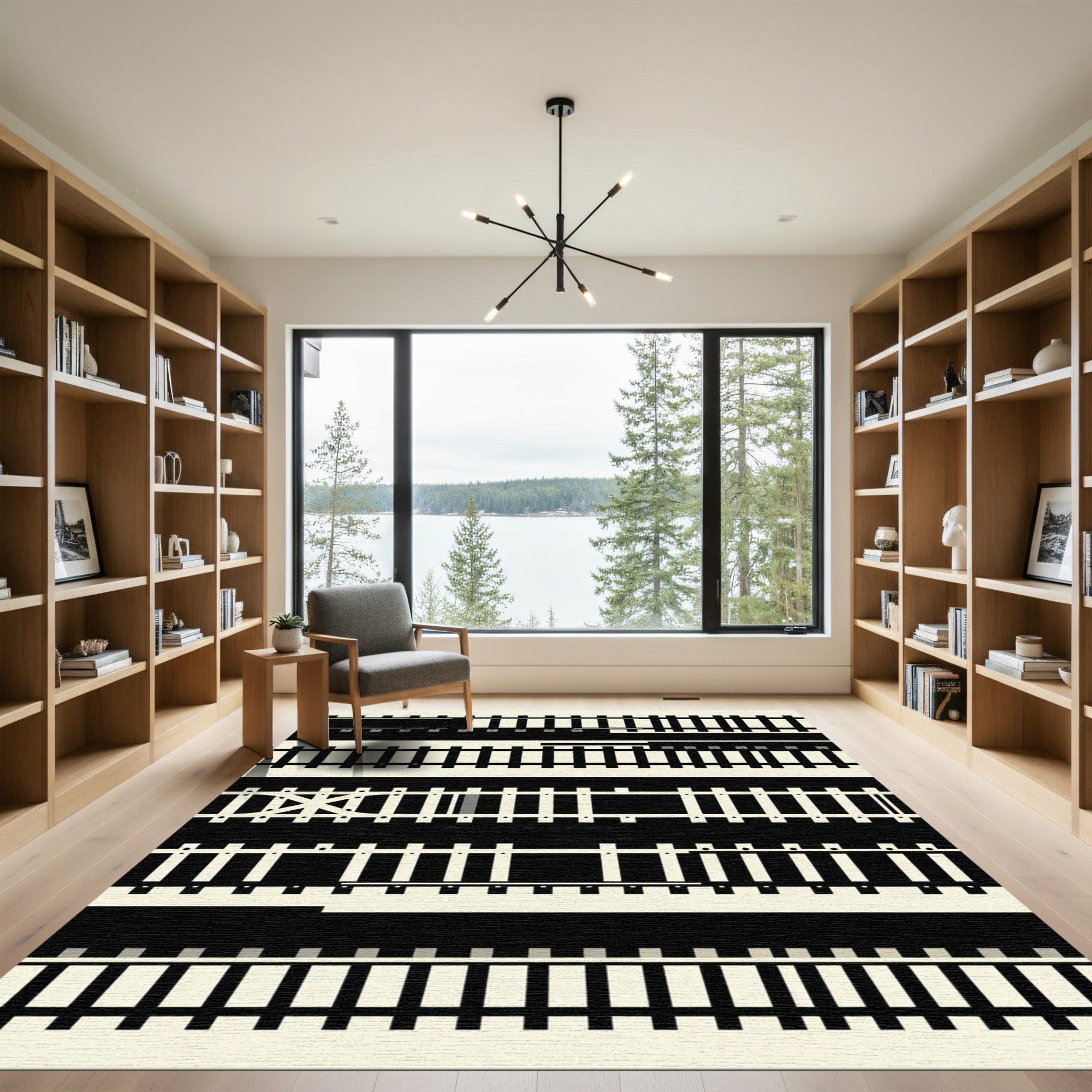 Monochrome Minimalist Geometric Railway Stripe Rug