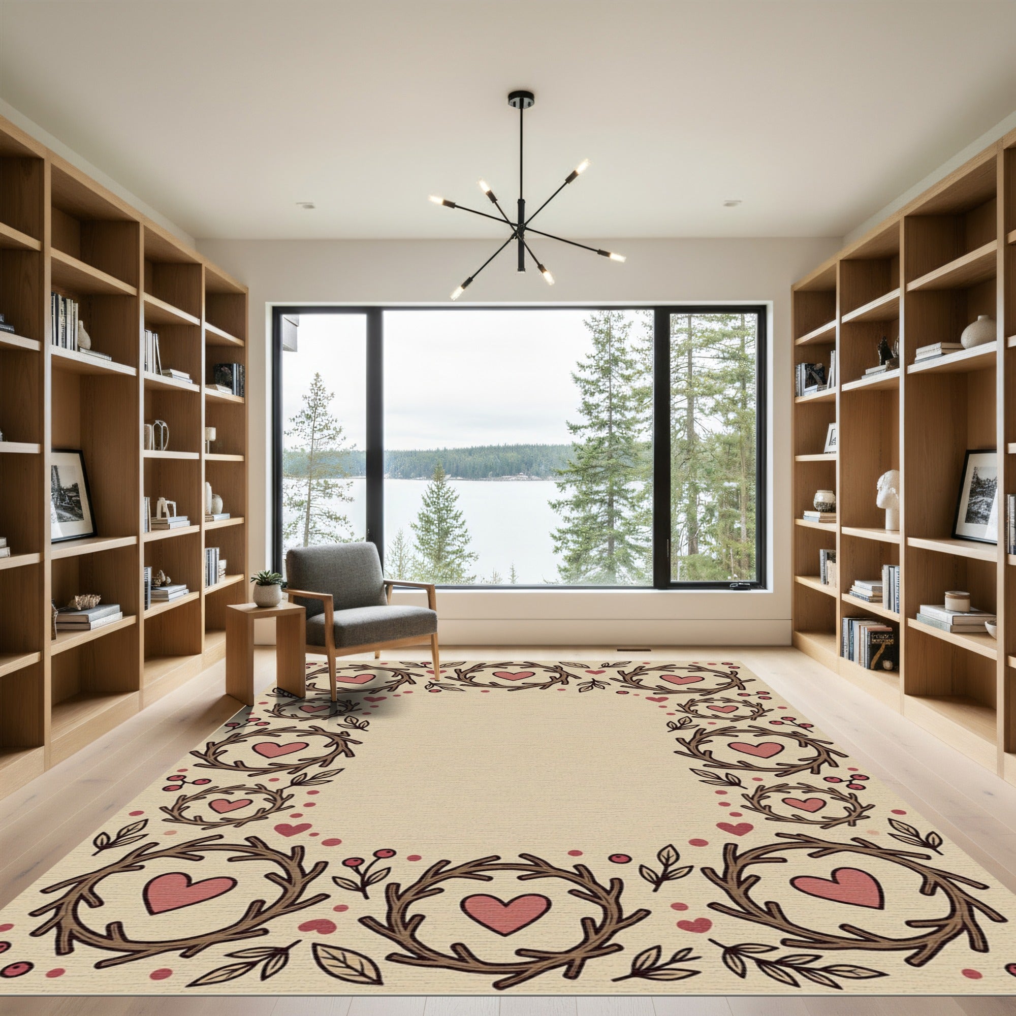Earthy Twig Heart Wreath Border Rug