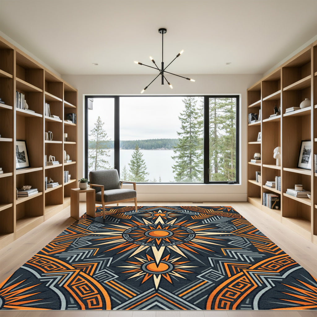 Geometric Golden Sun Celestial Art Rug