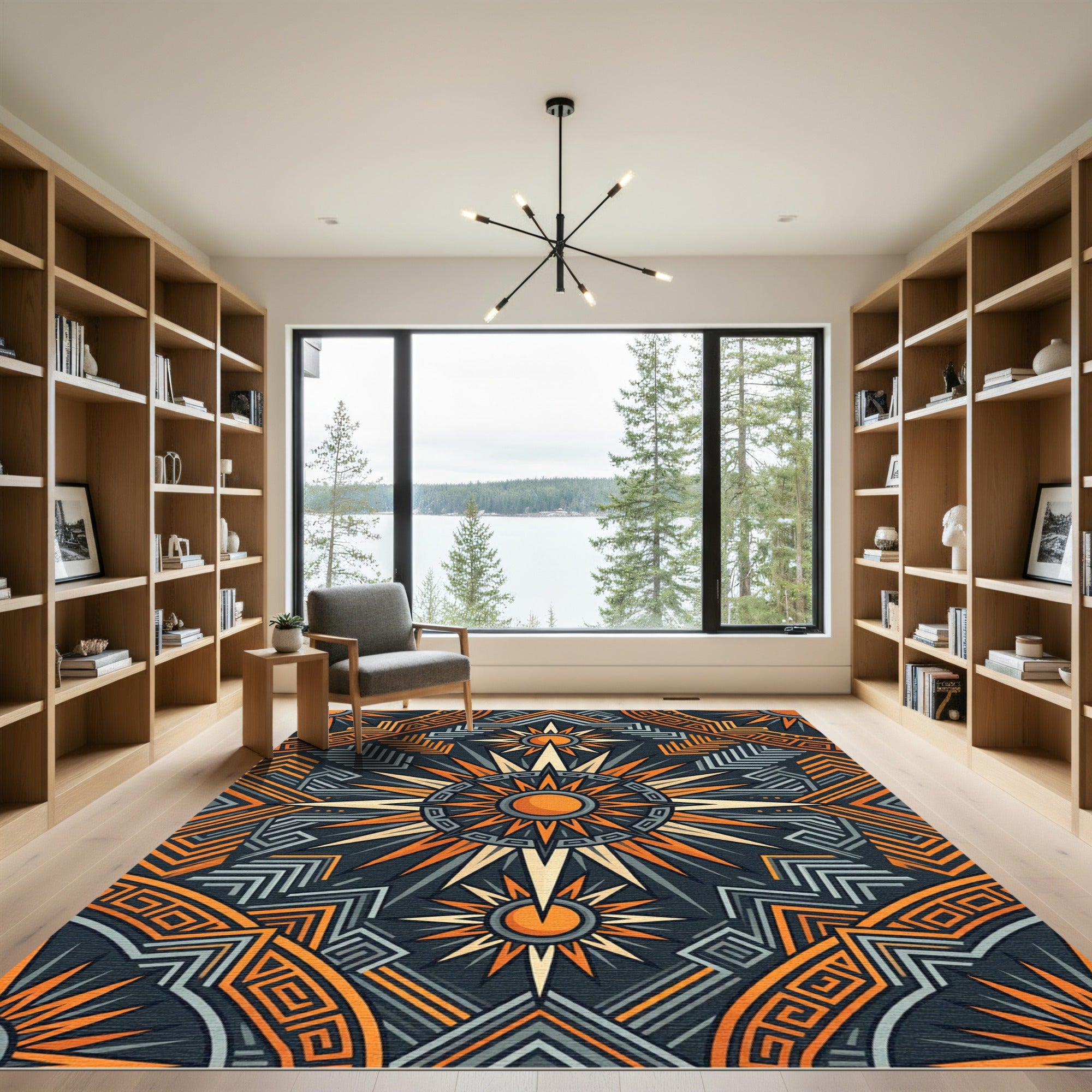 Geometric Golden Sun Celestial Art Rug