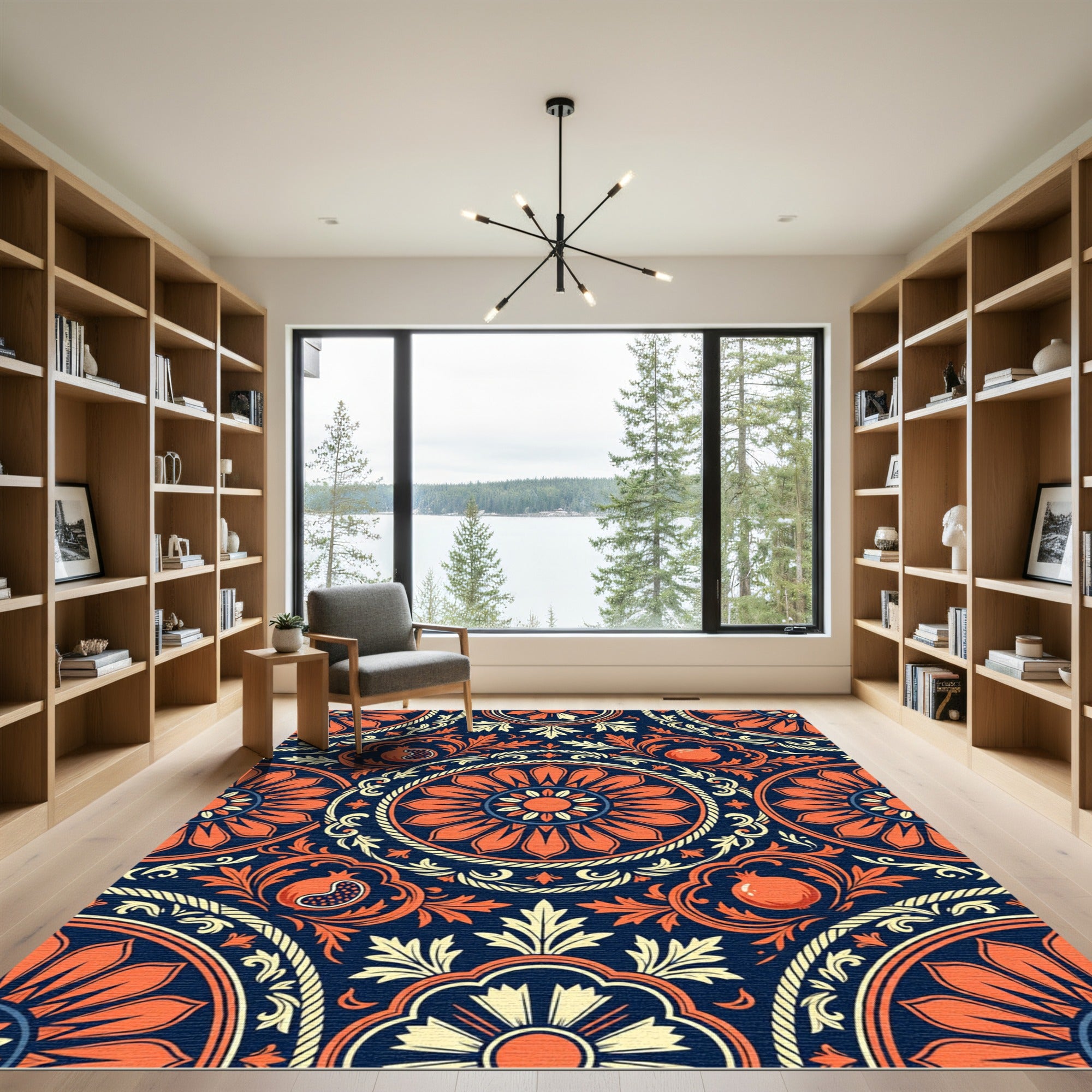 Midnight Orange Pomegranate Floral Medallion Rug