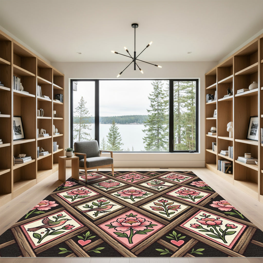 Pink Blooming Heart Birds Lattice Rug