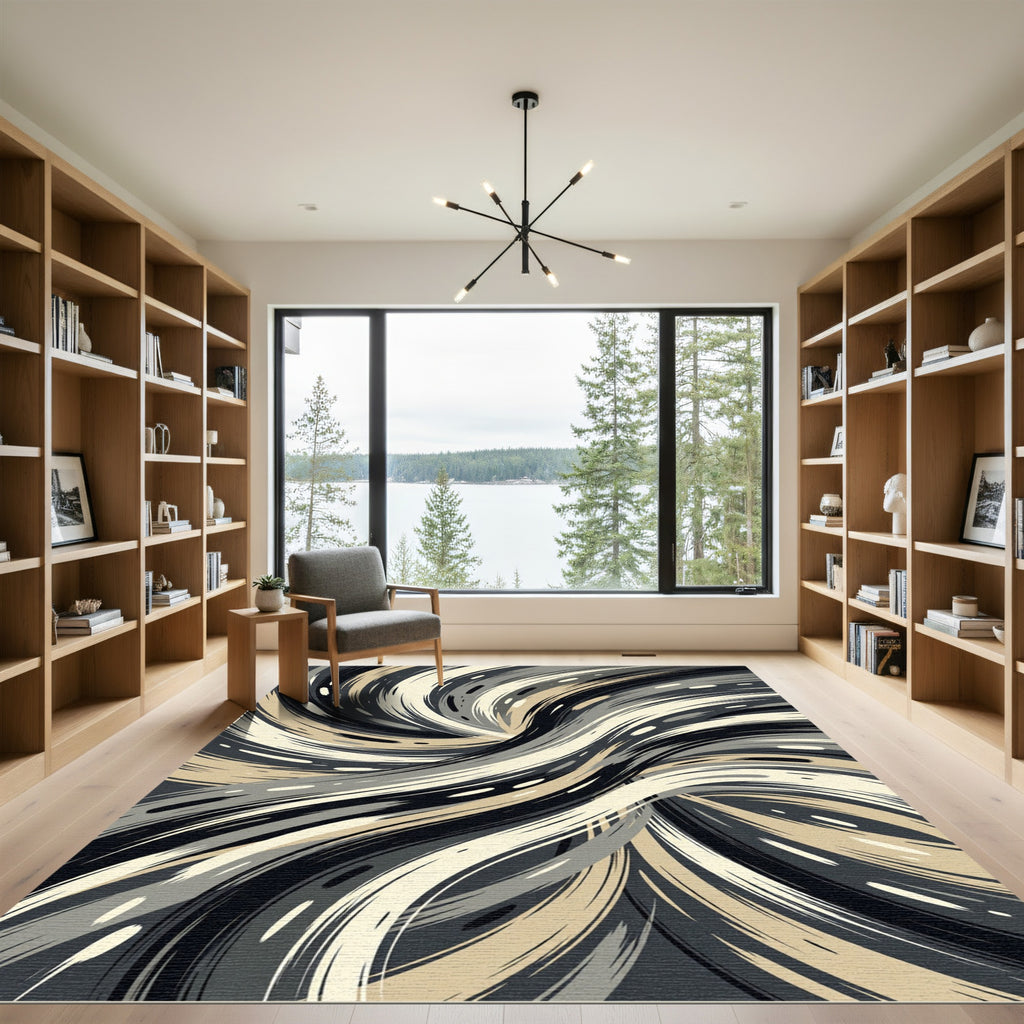 Abstract Swirl Gold Gray Black Rug
