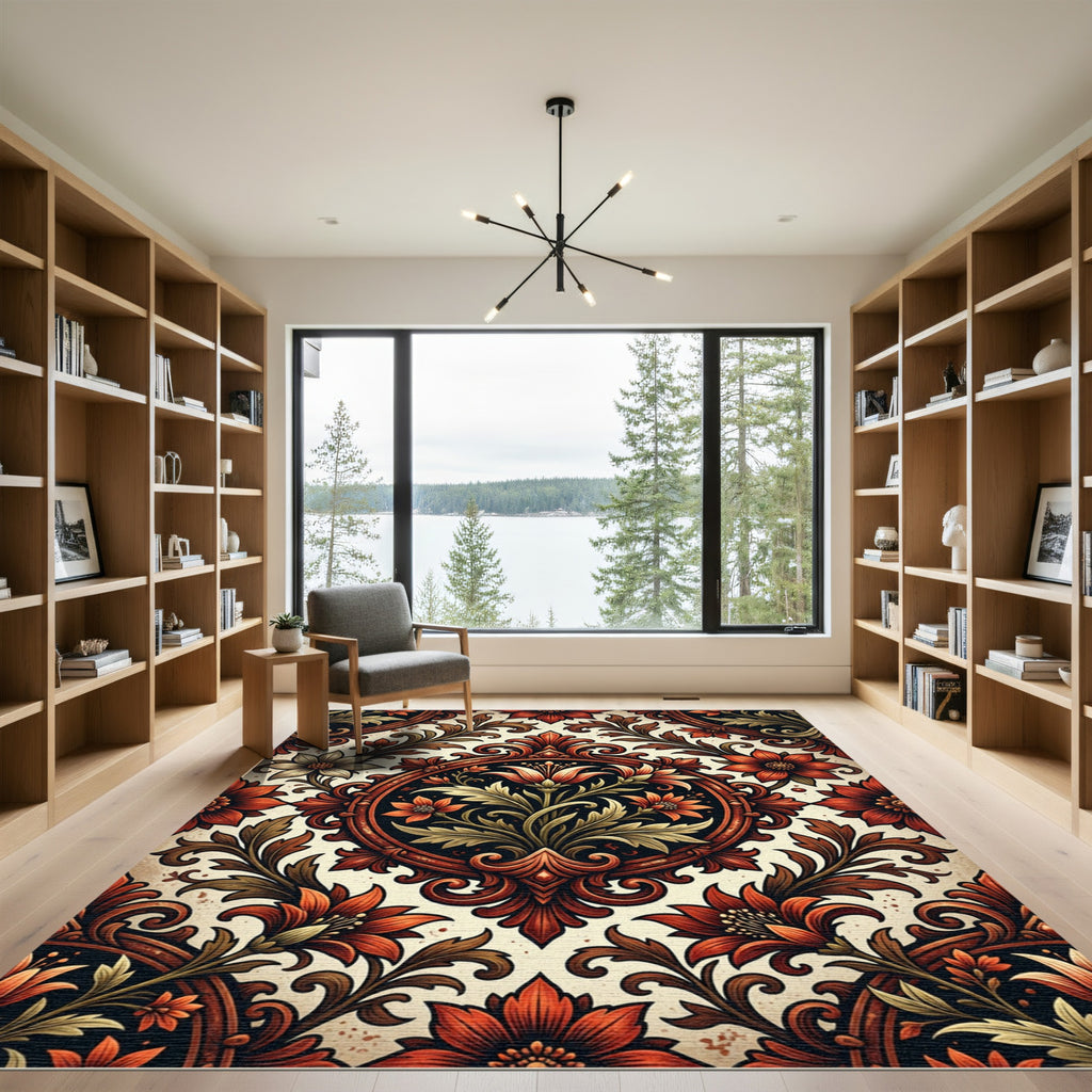 Ornate Red Floral Scrollwork Composition Rug
