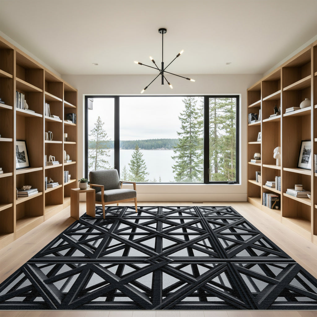 Modern Charcoal Geometric Interlocking Lattice Rug