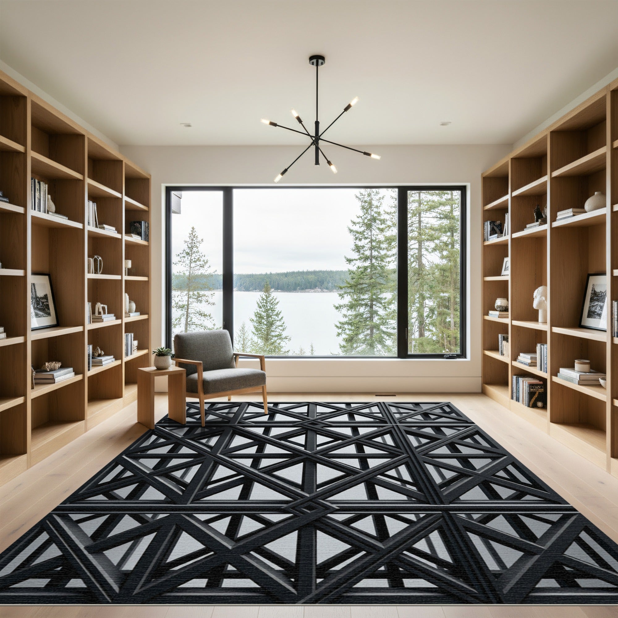 Modern Charcoal Geometric Interlocking Lattice Rug