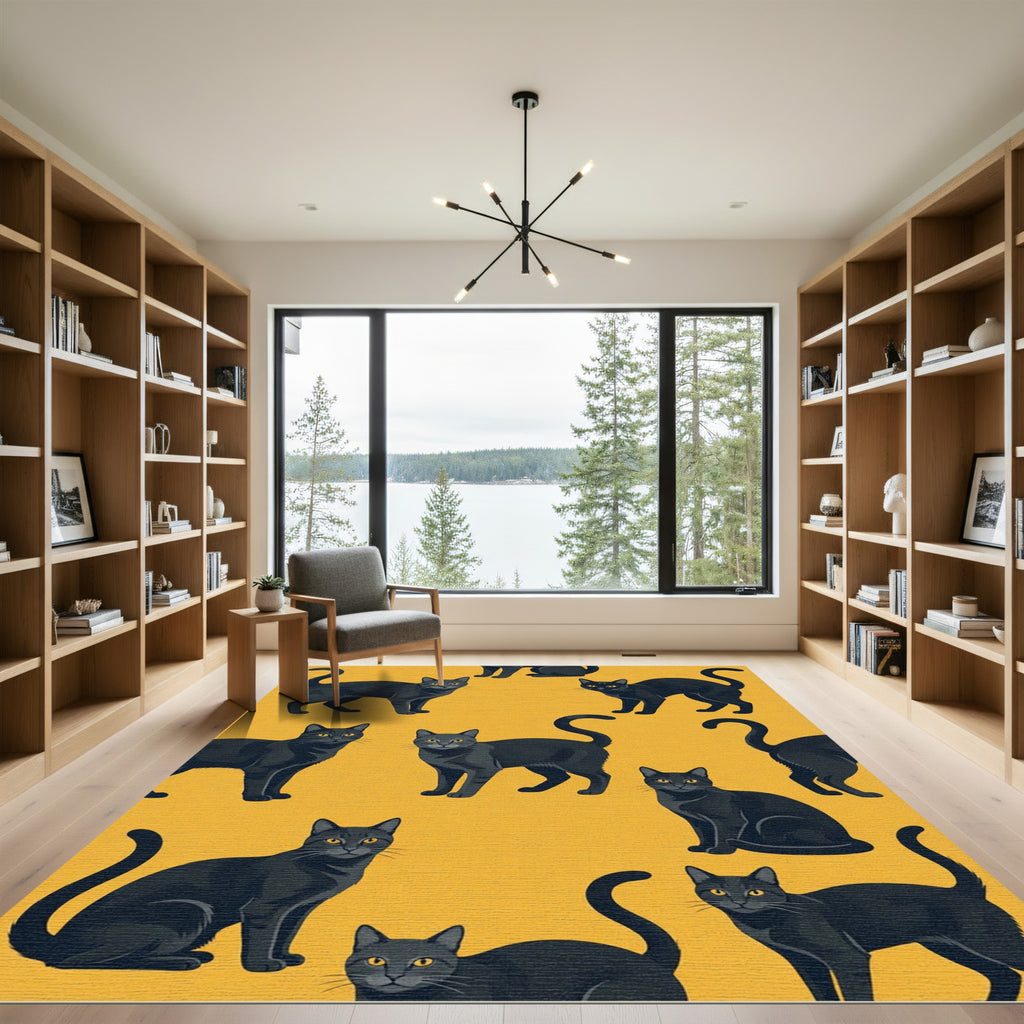 Black Cats Yellow Background Repeating Arrangement Rug