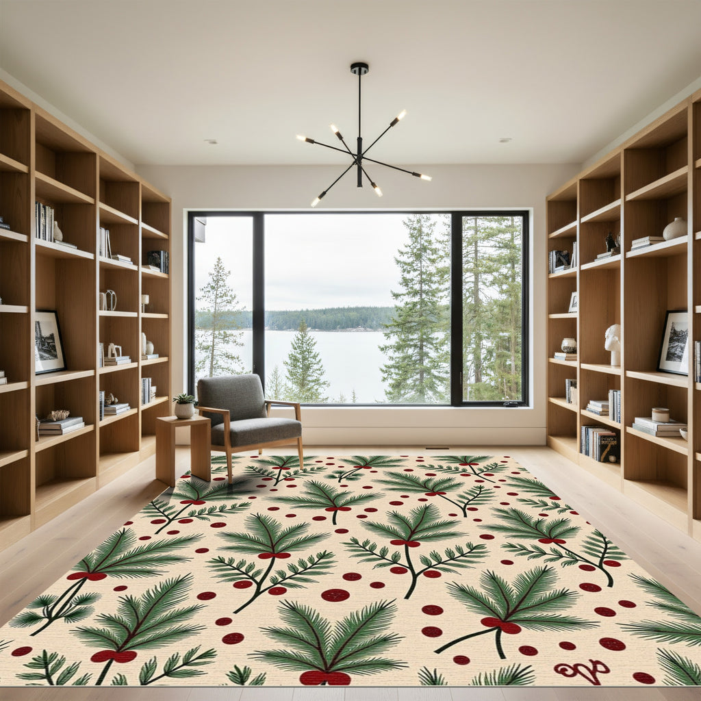 Green Pine Sprigs Red Berries Harmony Rug
