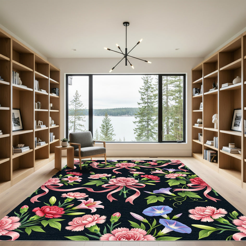 Pink Carnation Floral Bouquet Ribbon Rug