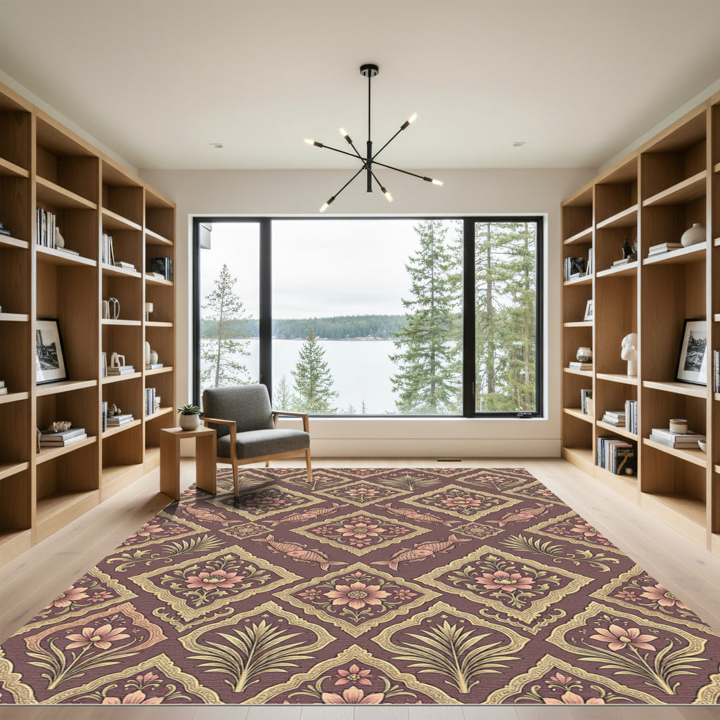 Burgundy Pink Gold Fish Floral Medallion Rug