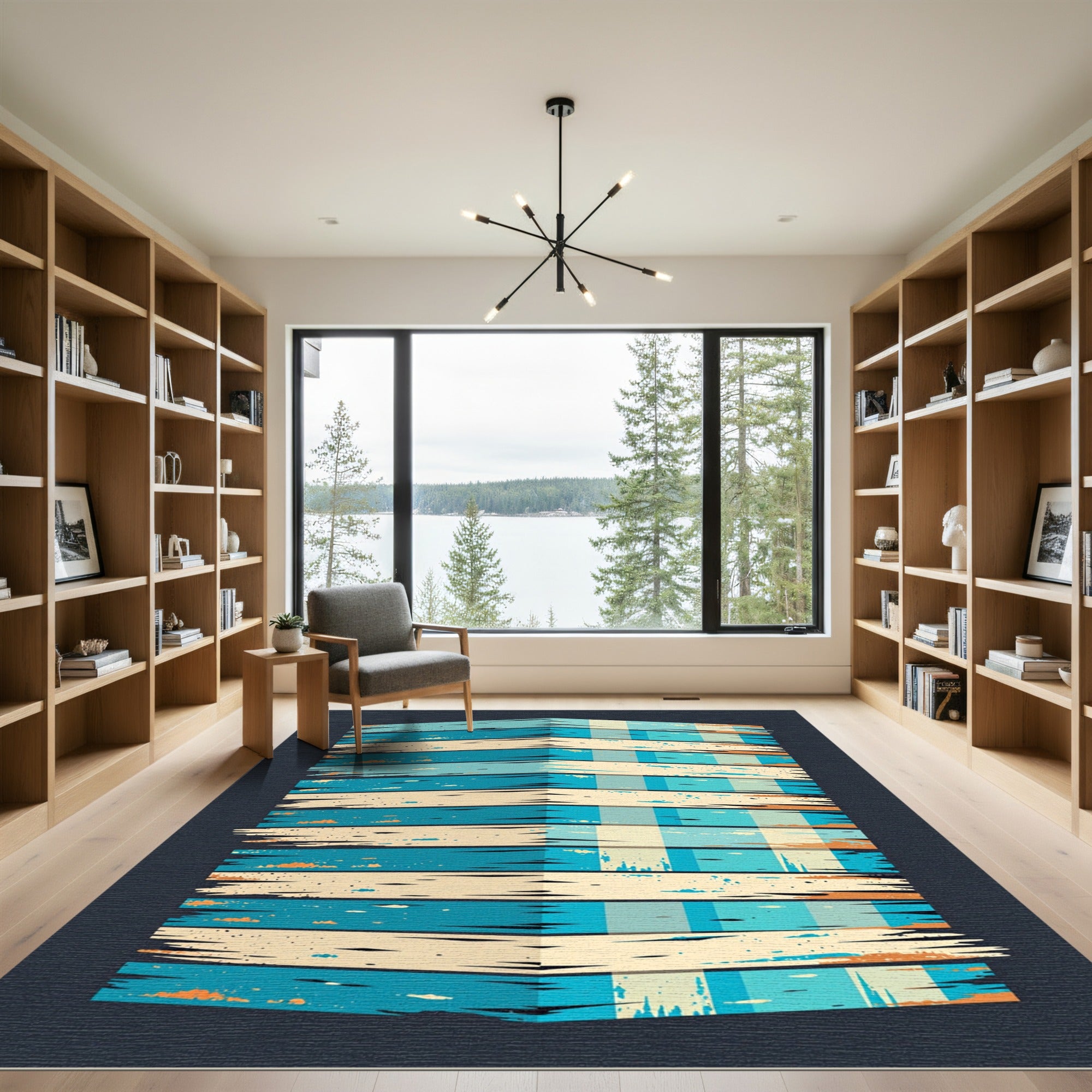 Modern Teal and Cream Layered Block Rug