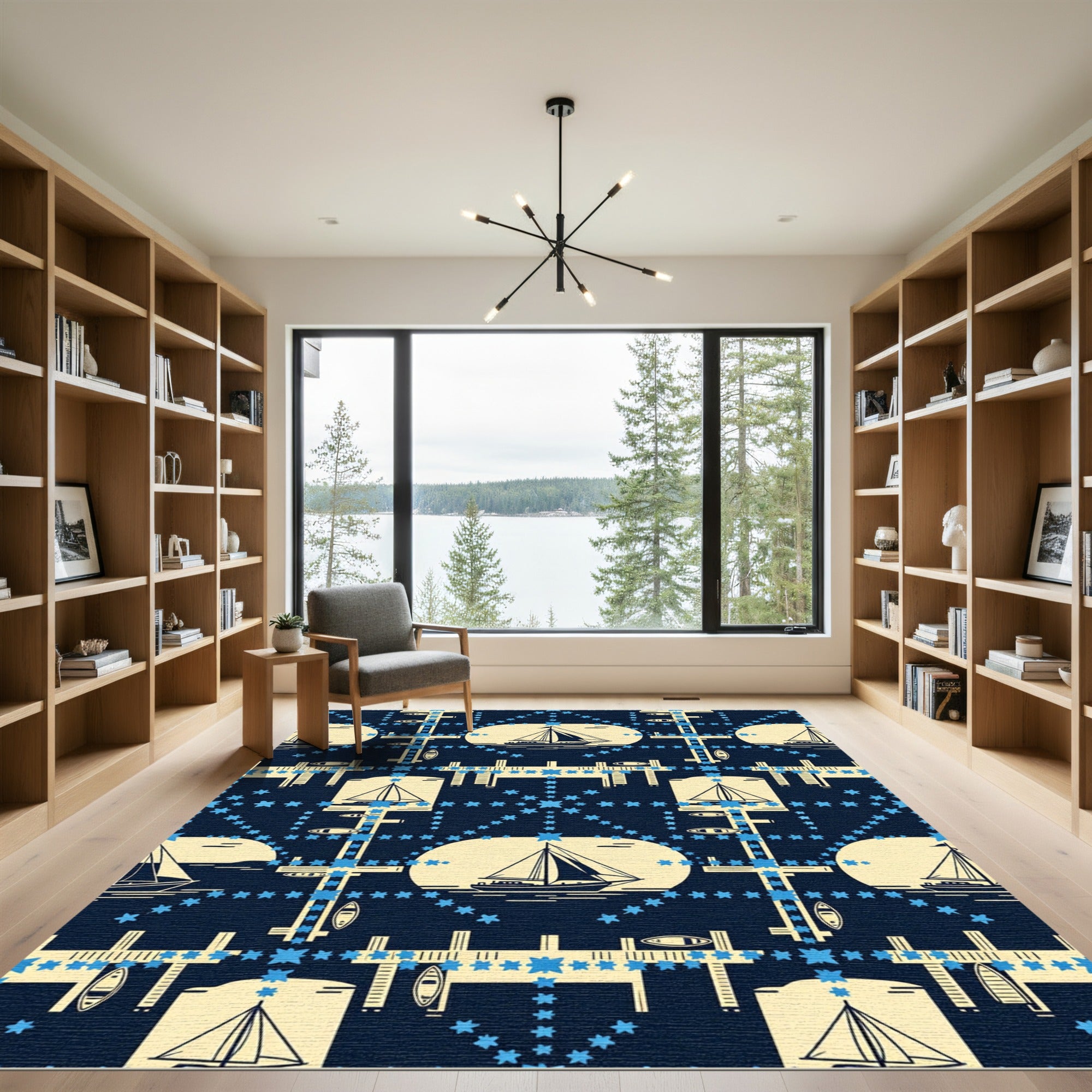 Navy Blue Nautical Sailboat Starry Grid Rug
