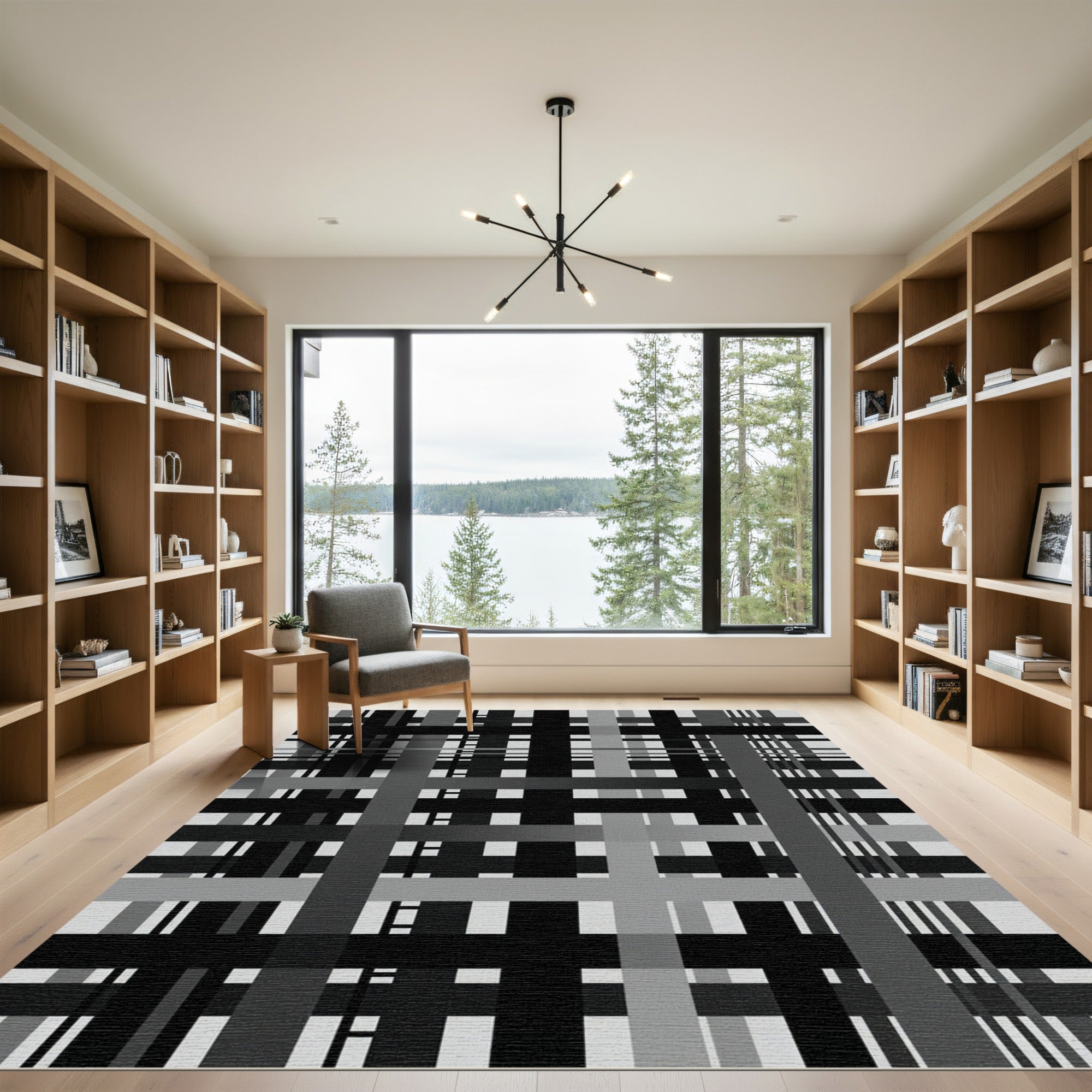 Modern Monochrome Geometric Grid Plaid Rug
