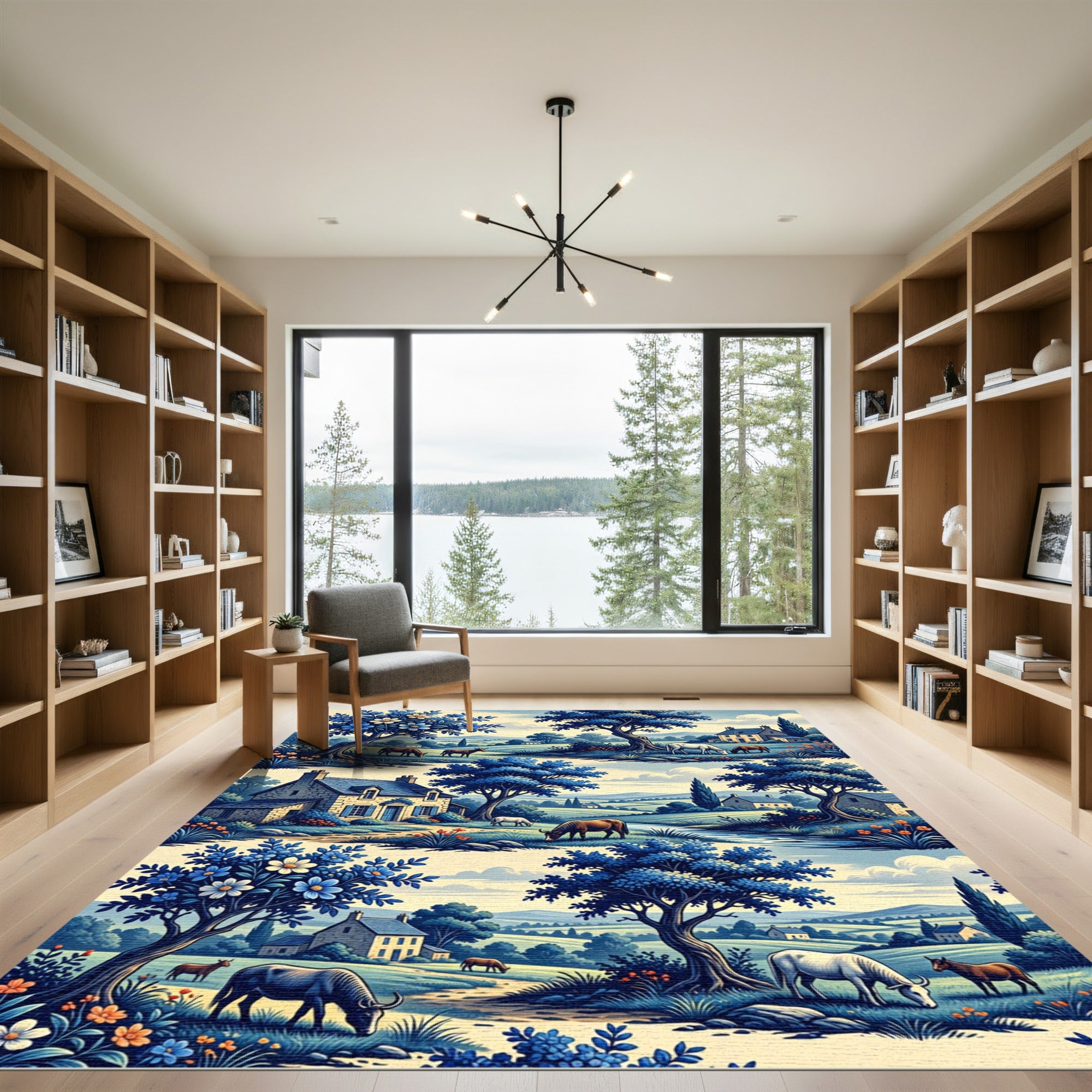 Blue Meadow Landscape Toile Country Scene Rug
