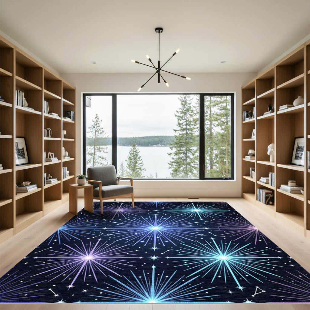 Cosmic Teal Purple Starburst Constellation Rug