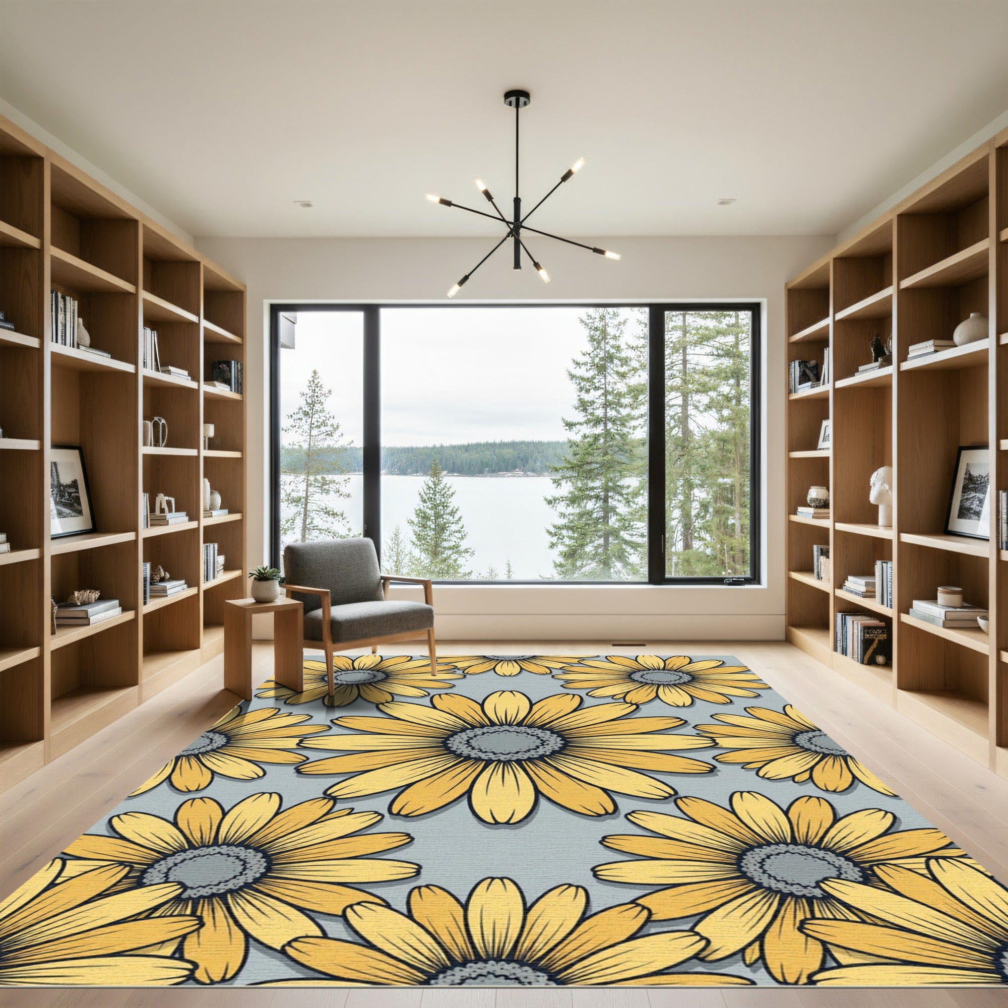 Sunny Yellow Daisy Floral Gray Rug