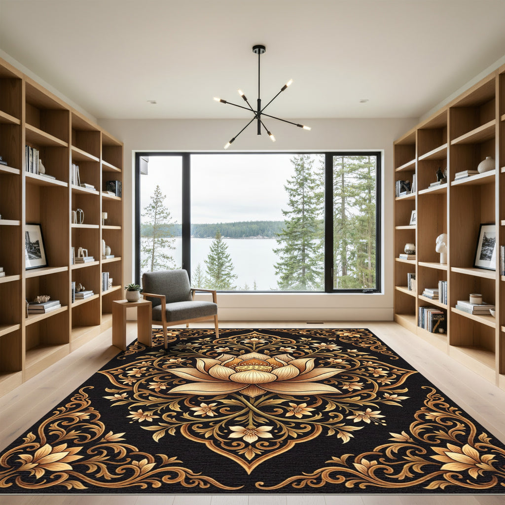 Golden Lotus Floral Detailed Ornament Rug