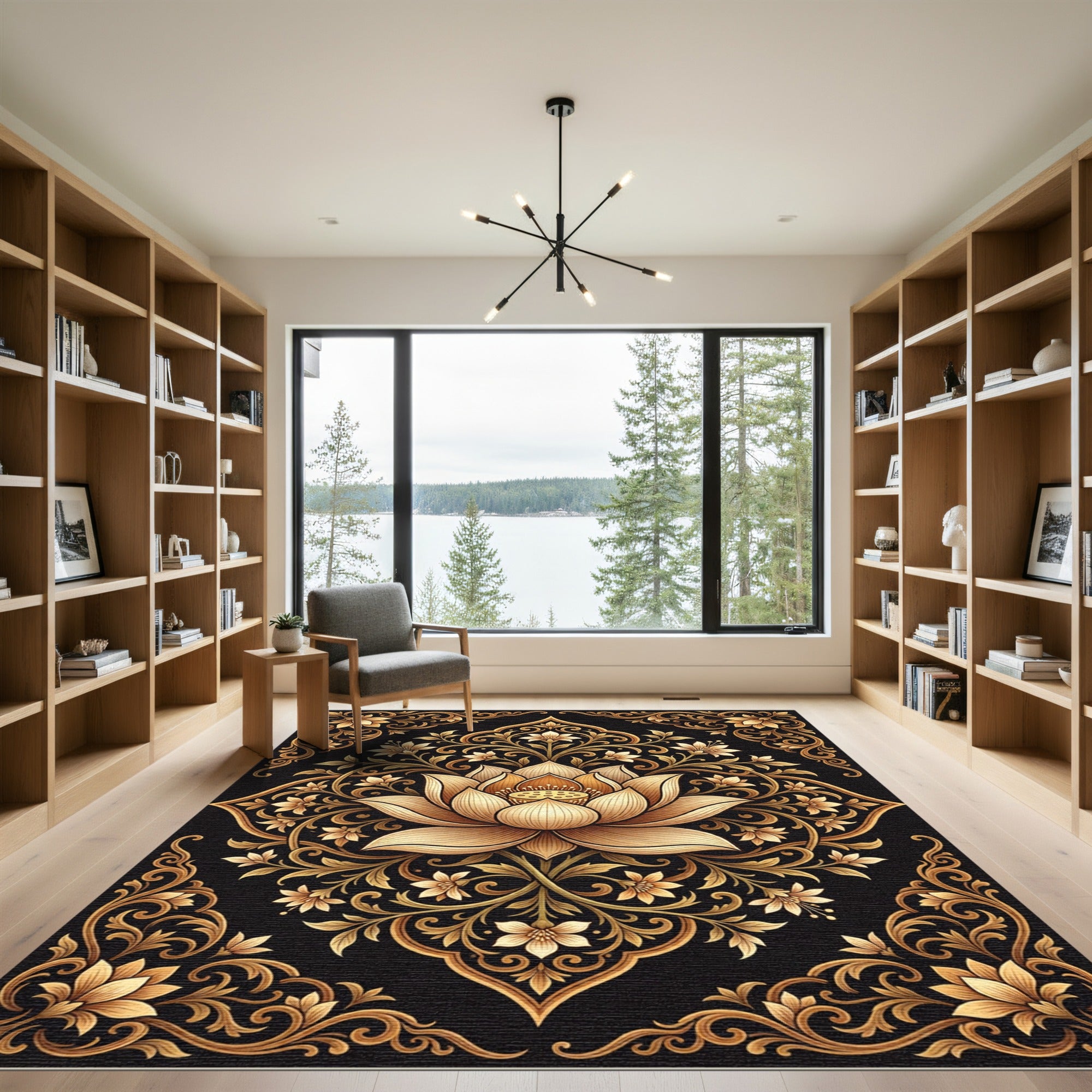 Golden Lotus Floral Detailed Ornament Rug