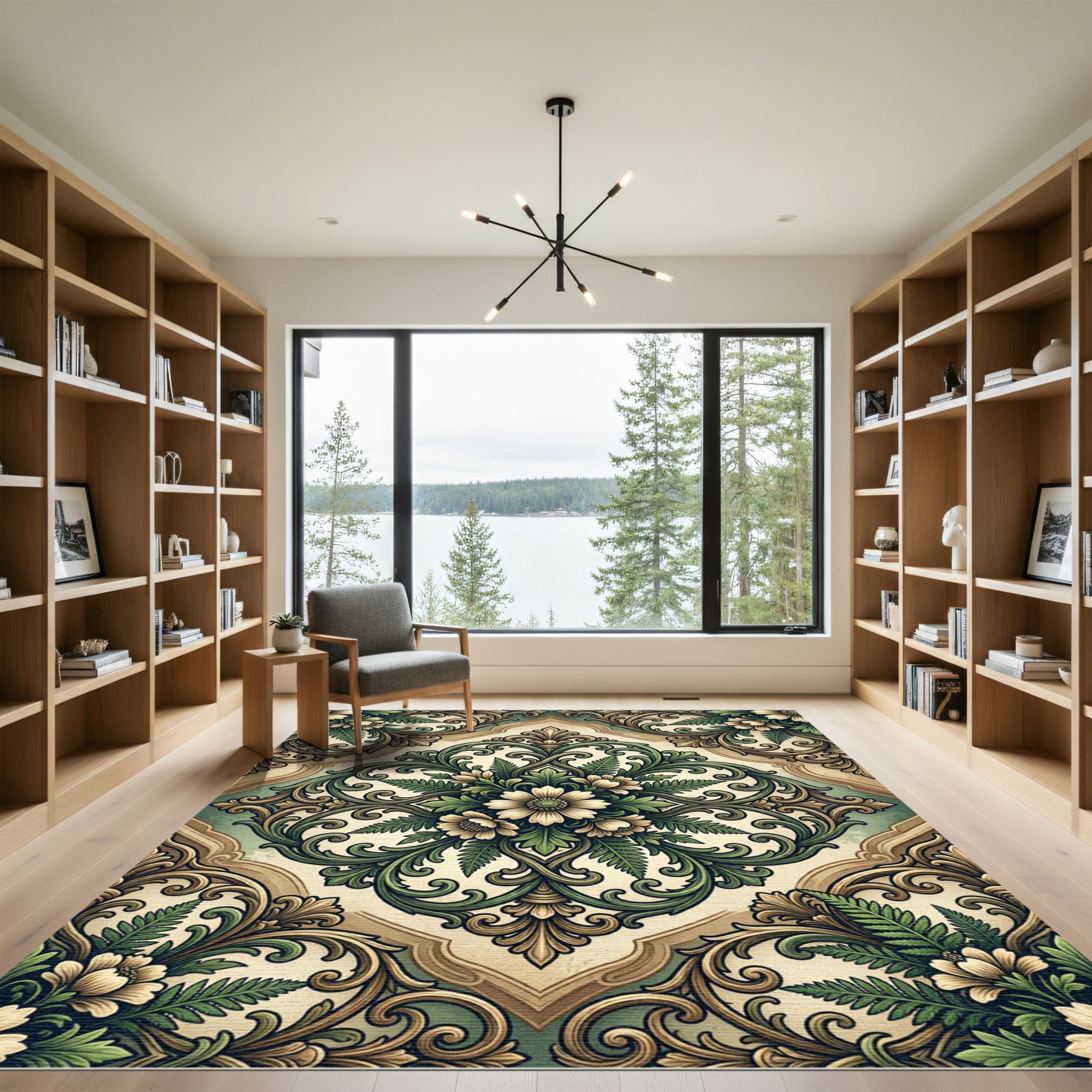 Sage Botanical Floret Scroll Medallion Rug