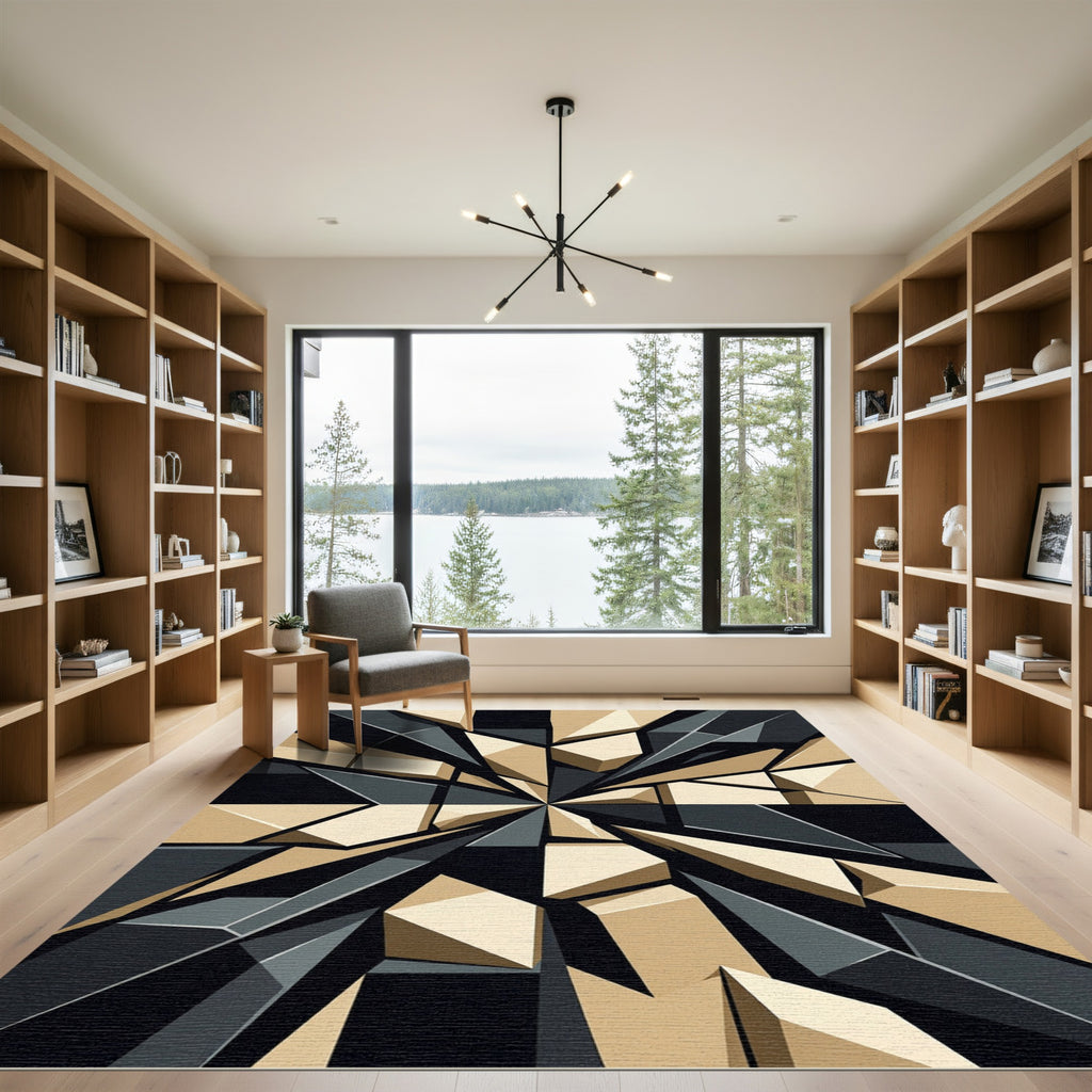 Geometric Abstraction Black Gold Fragmented Art Rug