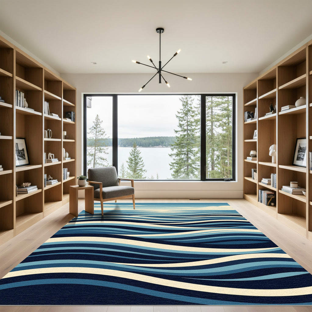 Modern Navy Blue Wavy Ocean Rug