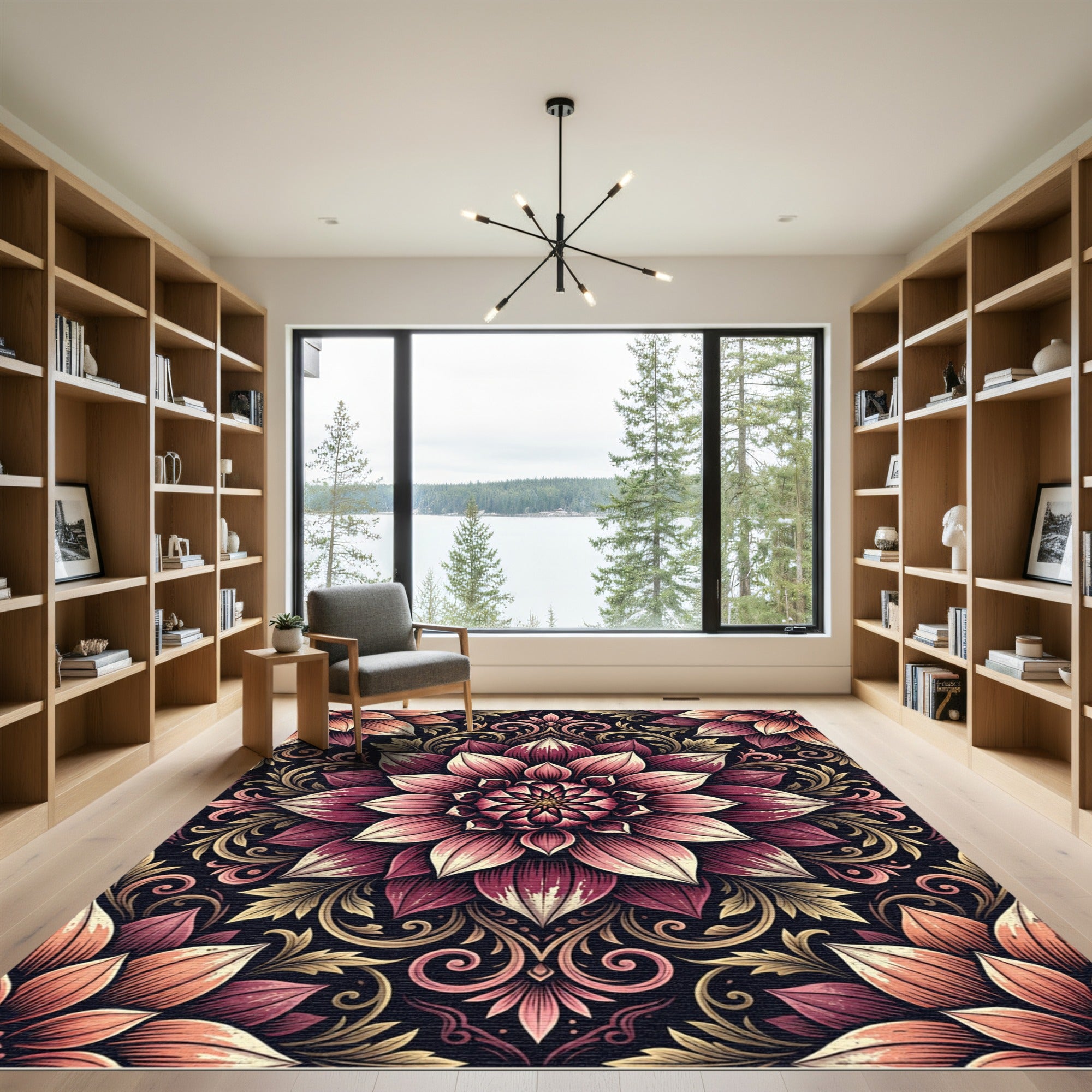 Burgundy Dahlia Floral Medallion Scroll Rug