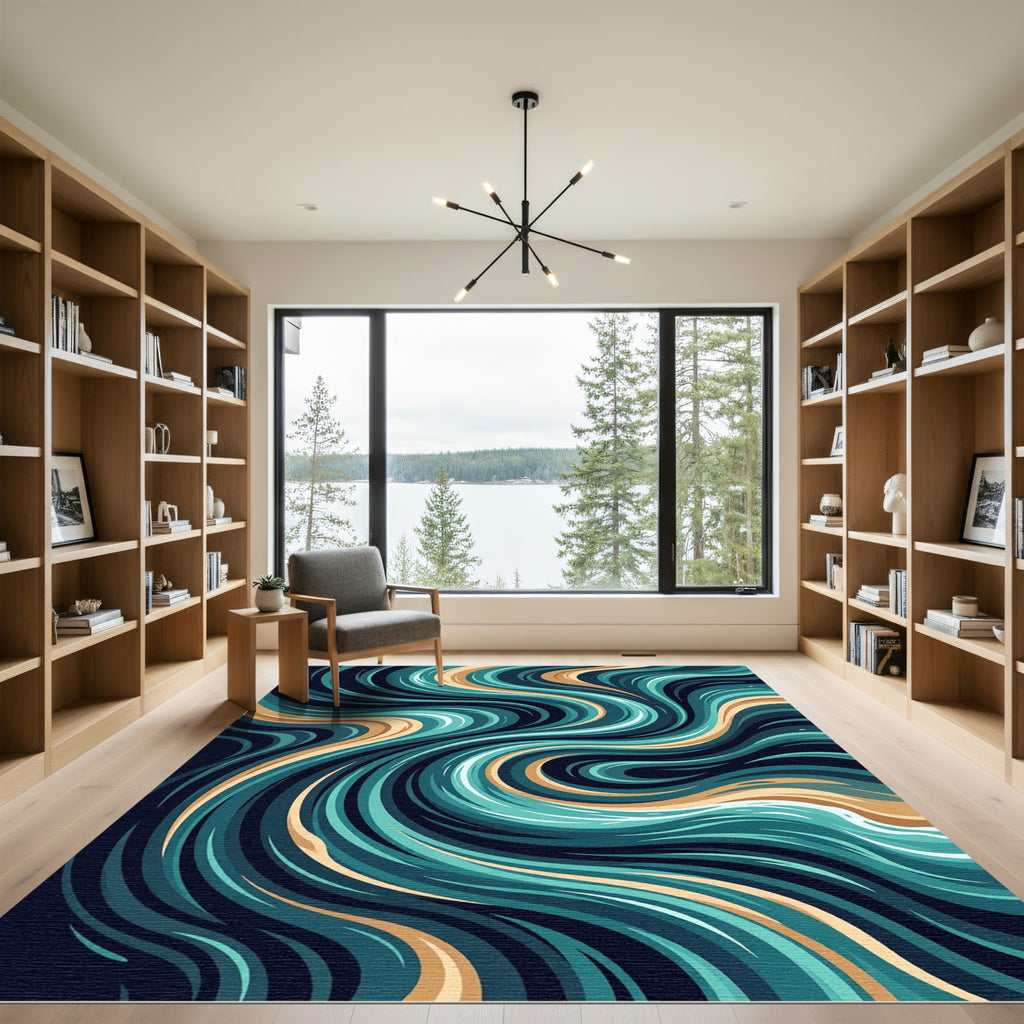Abstract Teal and Gold Swirling Waves Rug