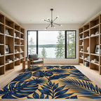 Navy Tropical Palm Leaf Gold Rug