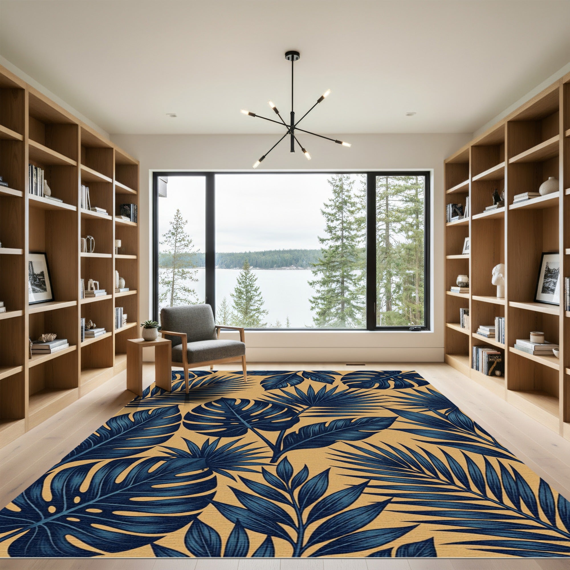Navy Tropical Palm Leaf Gold Rug