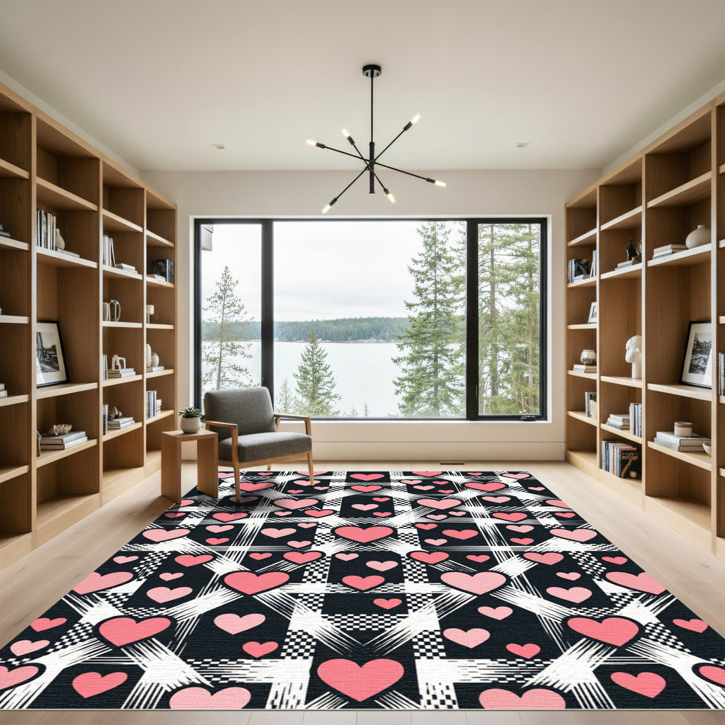 Pink Hearts on Plaid Checkered Backdrop Rug