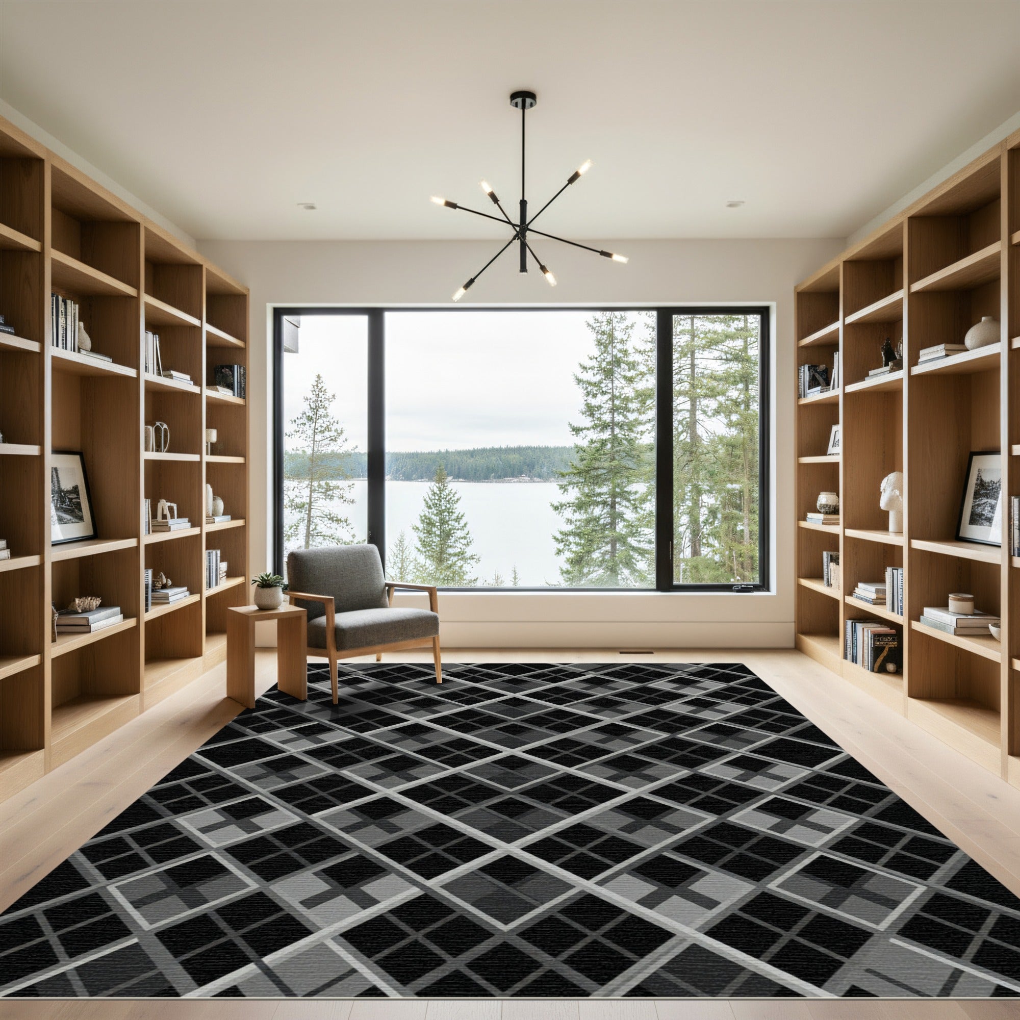 Black Silver Diamond Lattice Quilt Rug