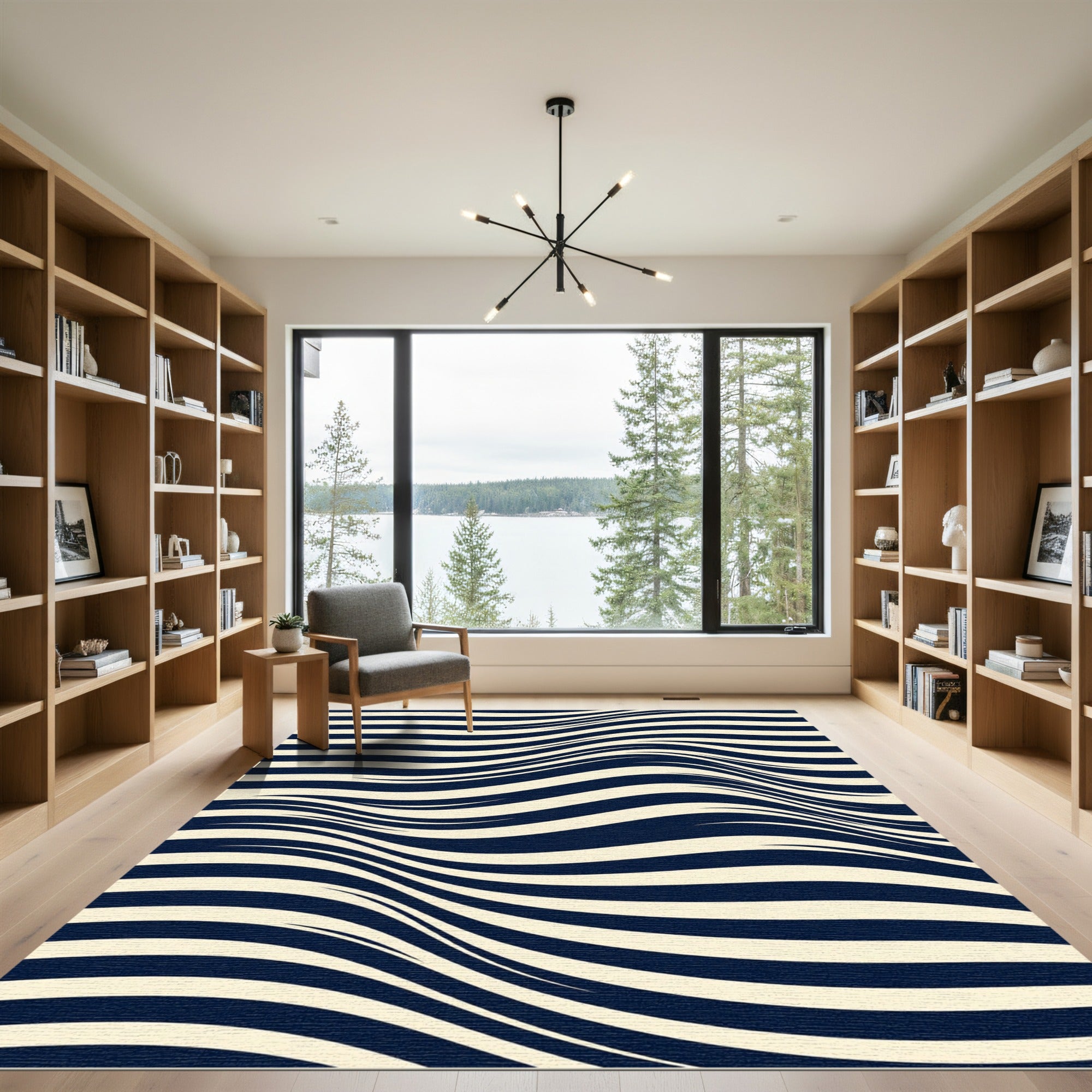 Modern Navy and Cream Wavy Stripe Rug