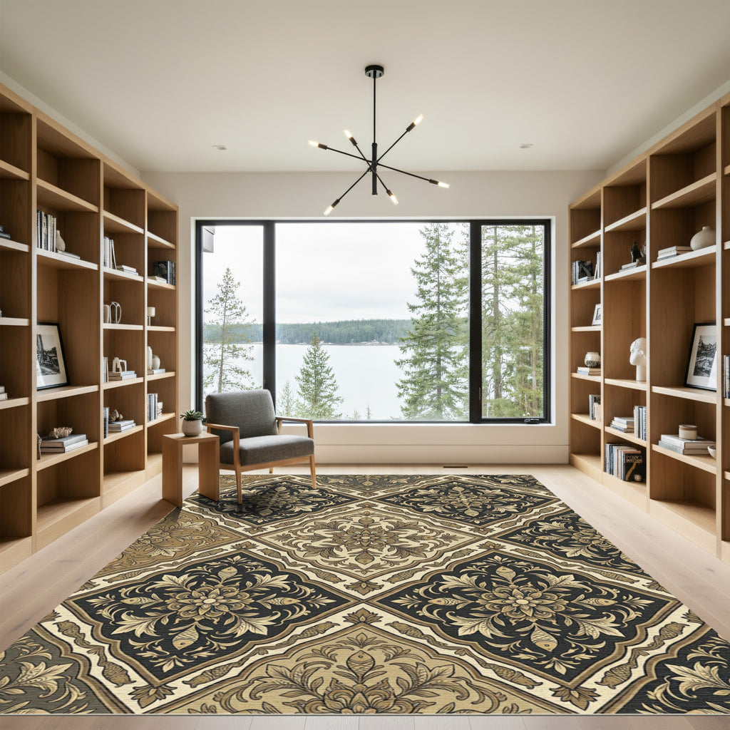 Elegant Gold Leaf Brocade Medallion Rug