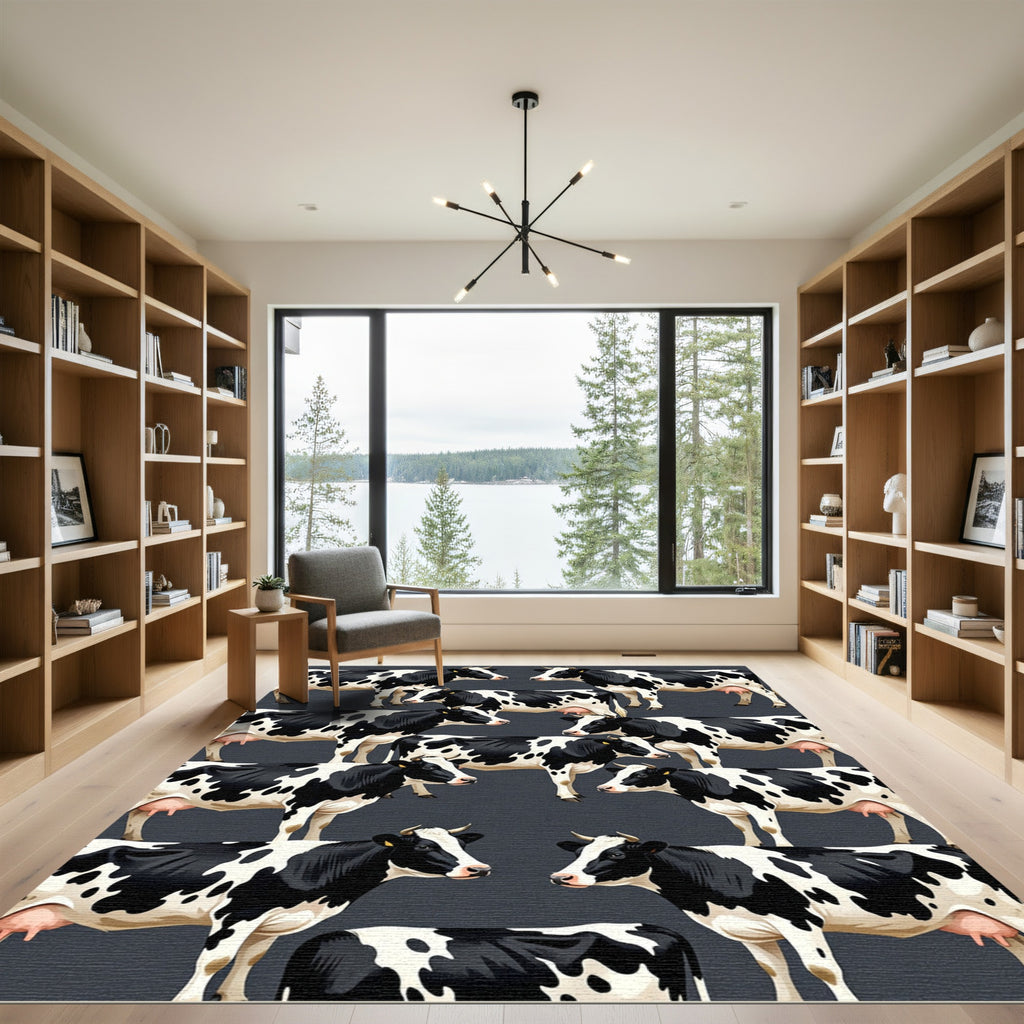 Graphic Black and White Cow Herd Rug