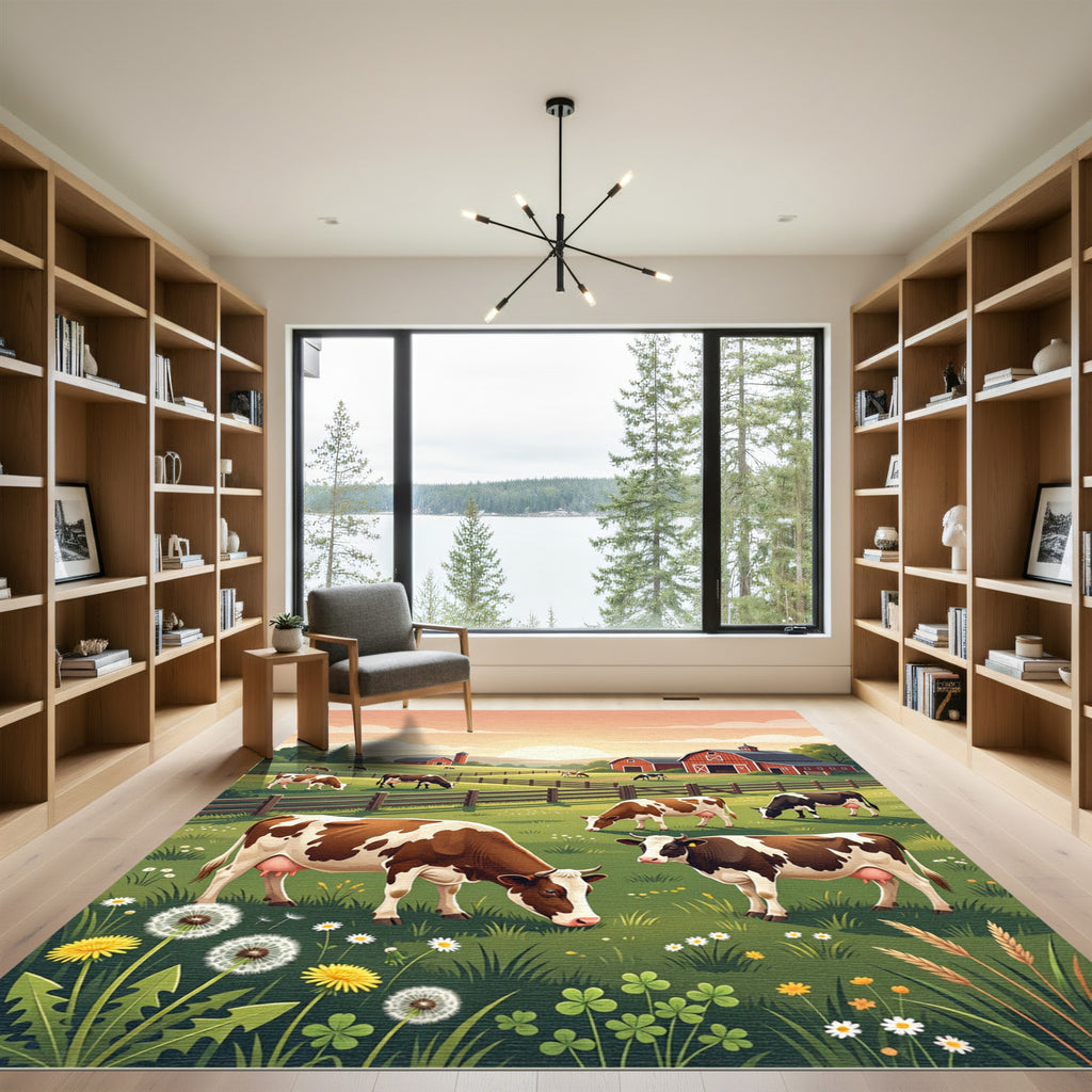 Pastoral Countryside Cows Meadow Landscape Rug