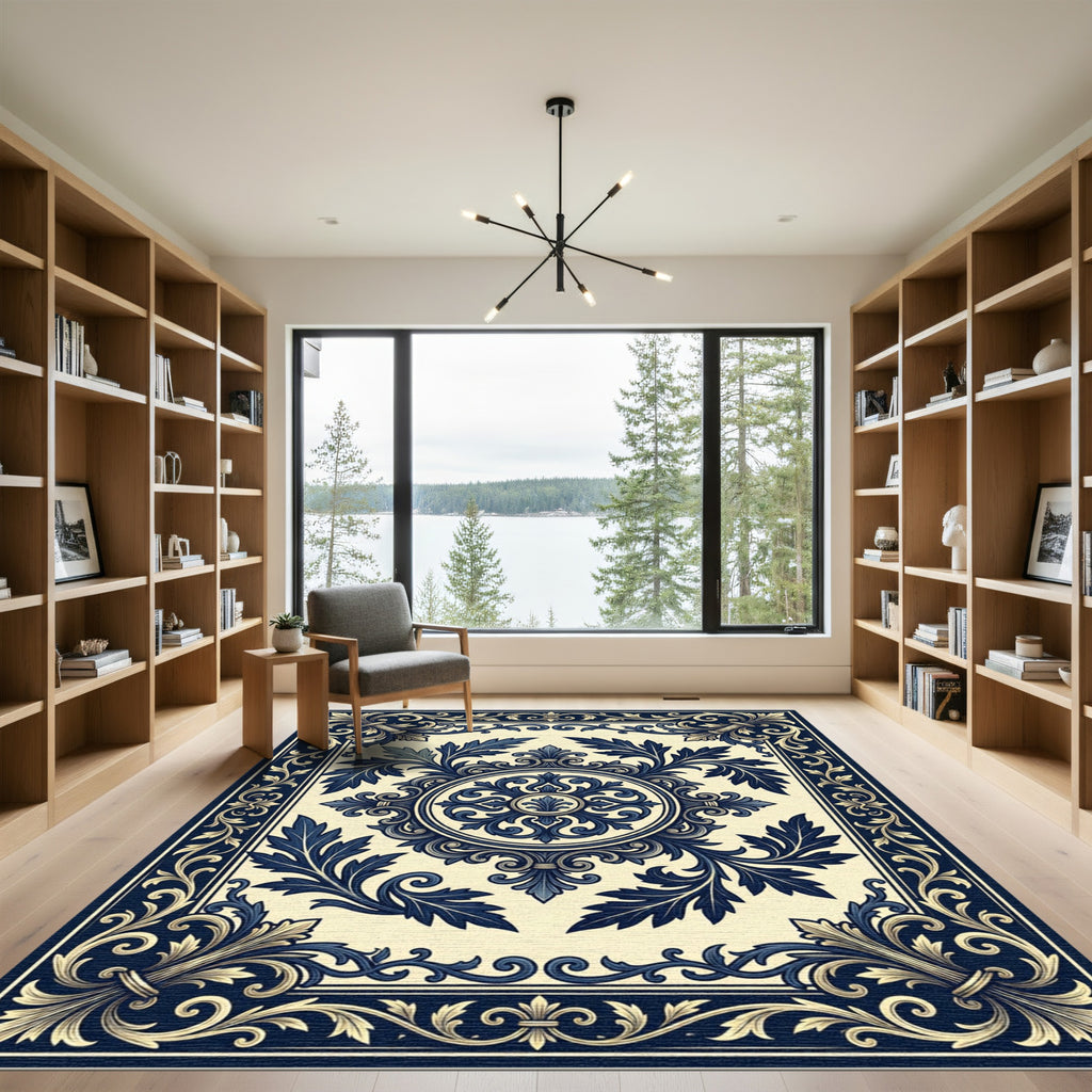 Elegant Navy White Floral Medallion Rug