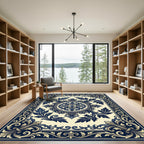 Elegant Navy White Floral Medallion Rug