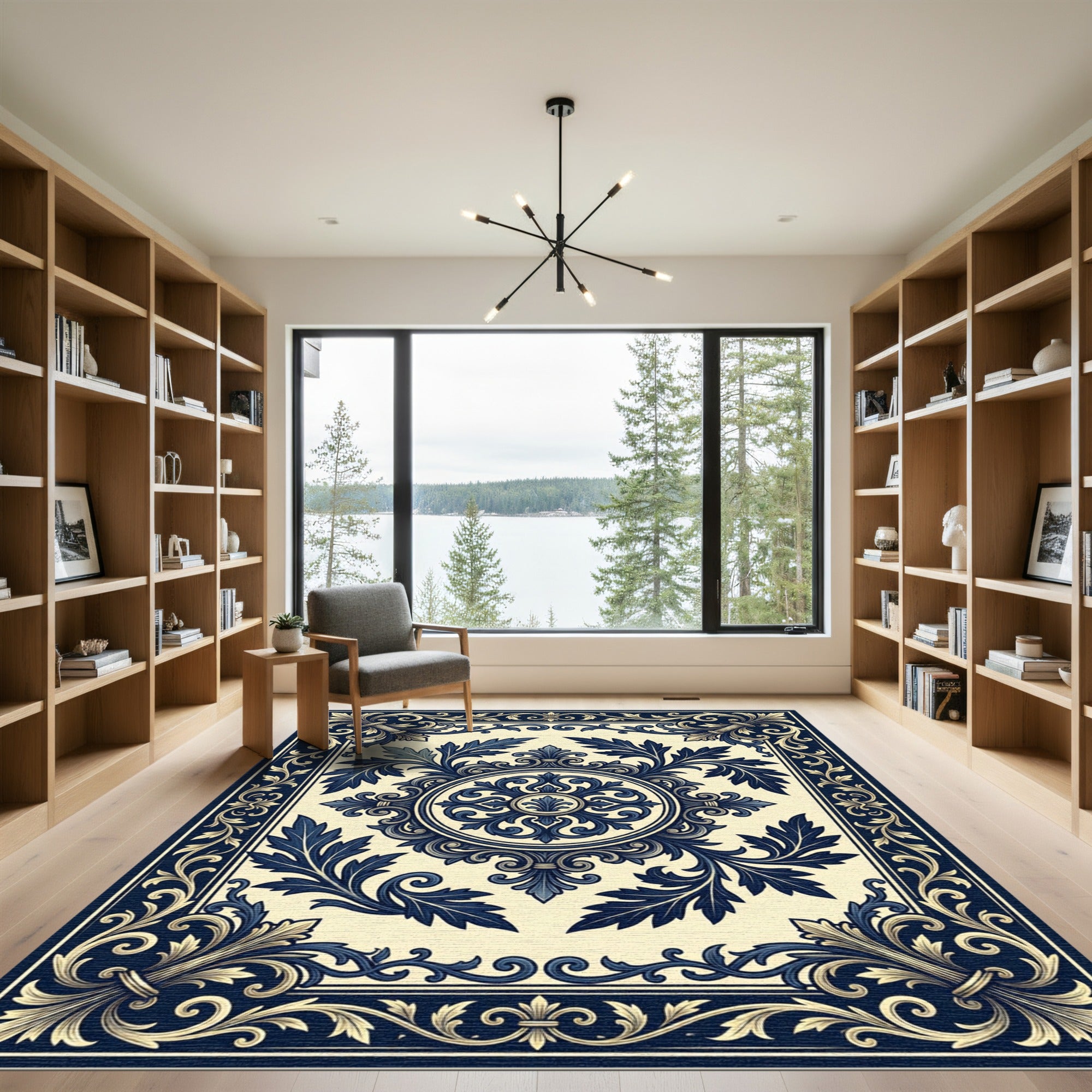 Elegant Navy White Floral Medallion Rug