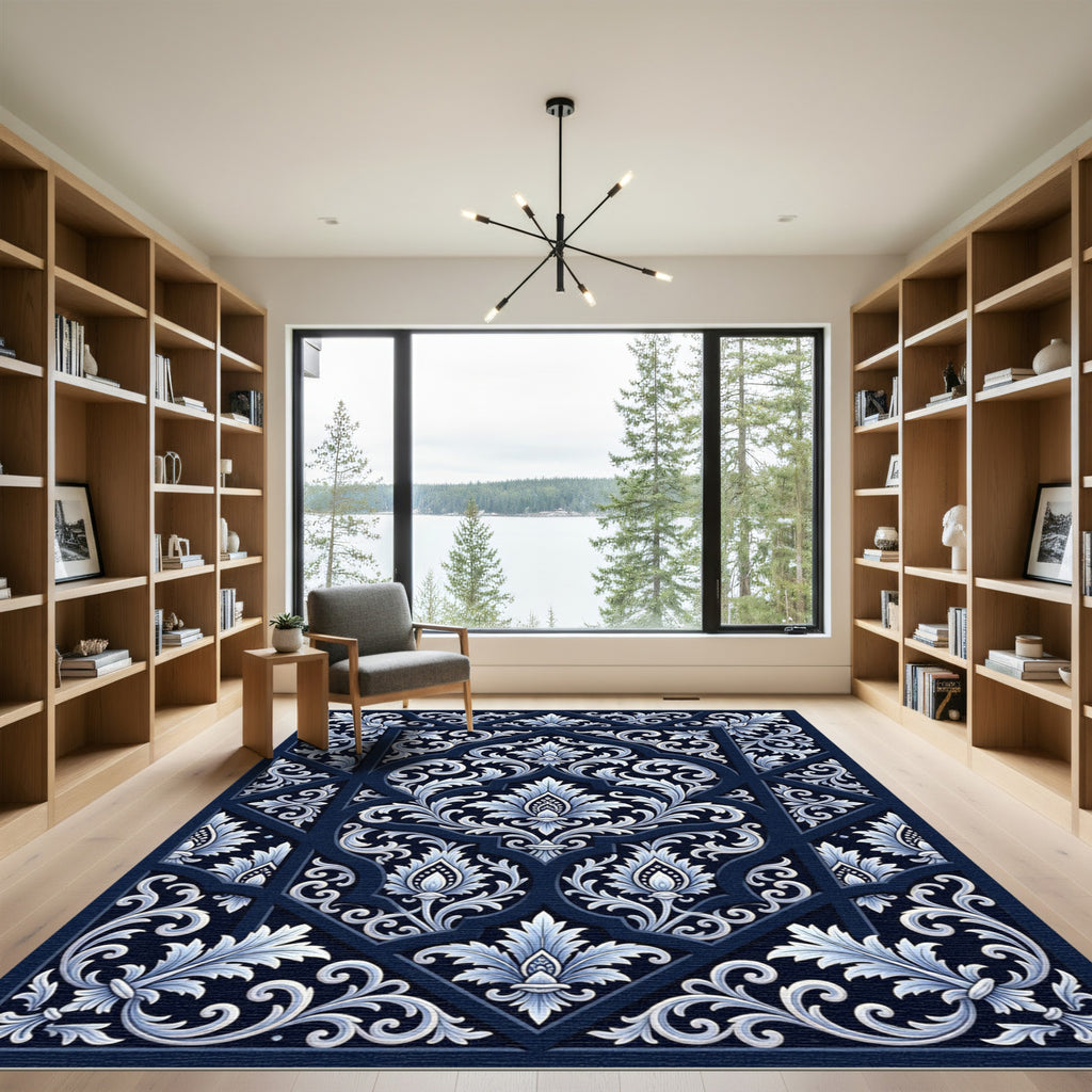 Deep Navy White Floral Lattice Rug