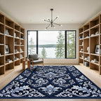 Deep Navy White Floral Lattice Rug