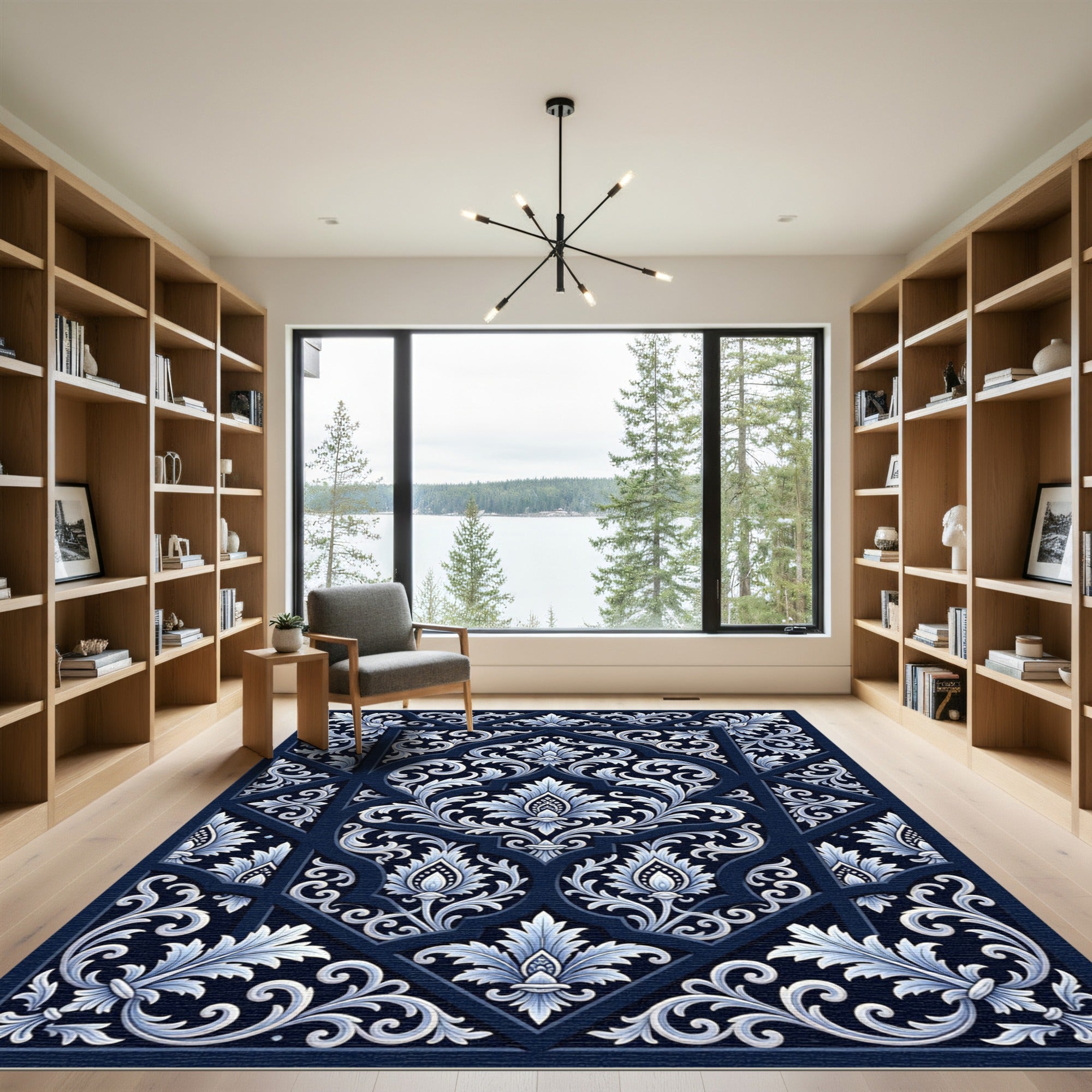 Deep Navy White Floral Lattice Rug