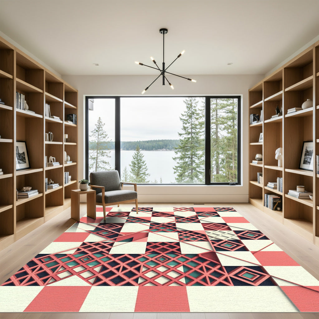 Geometric Coral and Teal Lattice Rug