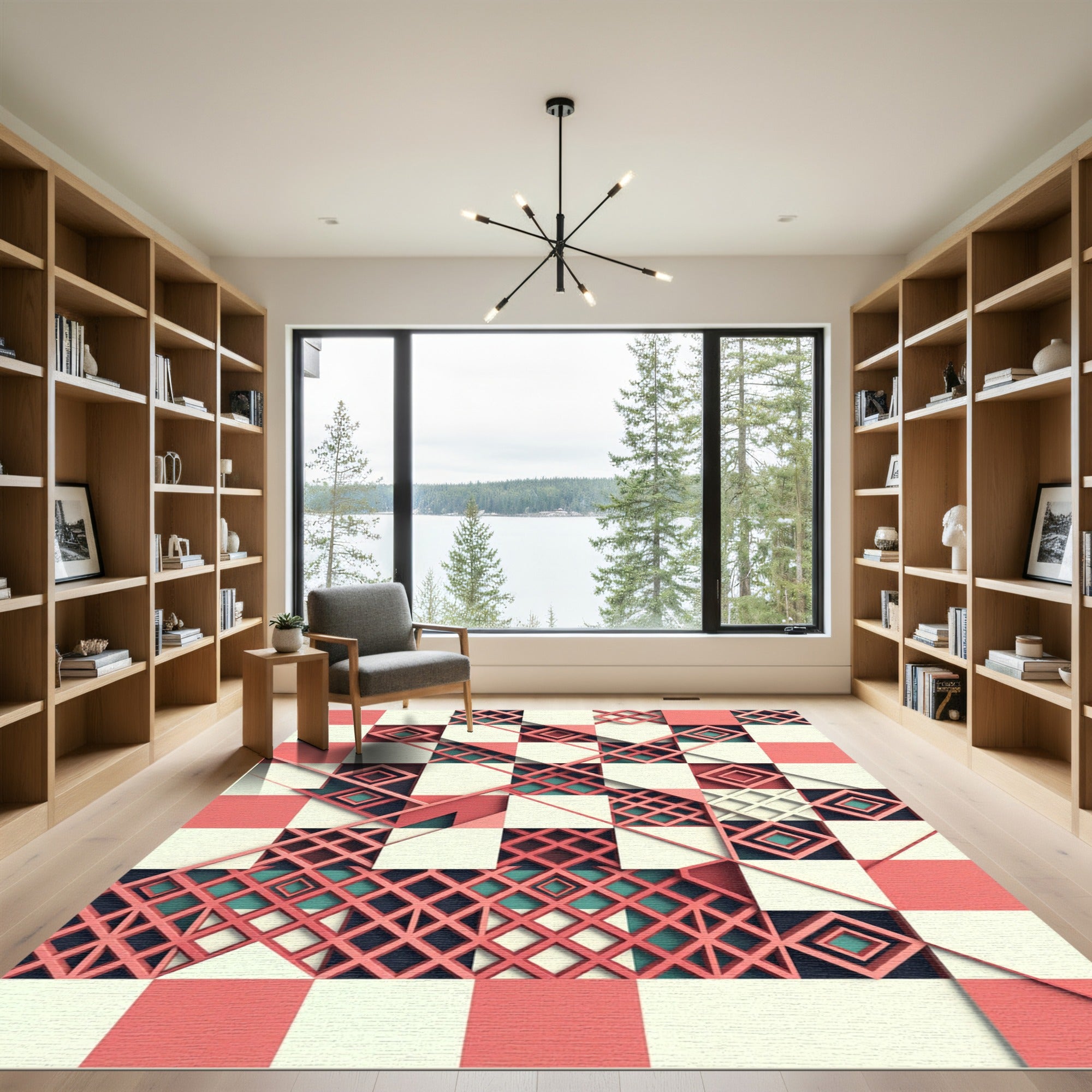 Geometric Coral and Teal Lattice Rug
