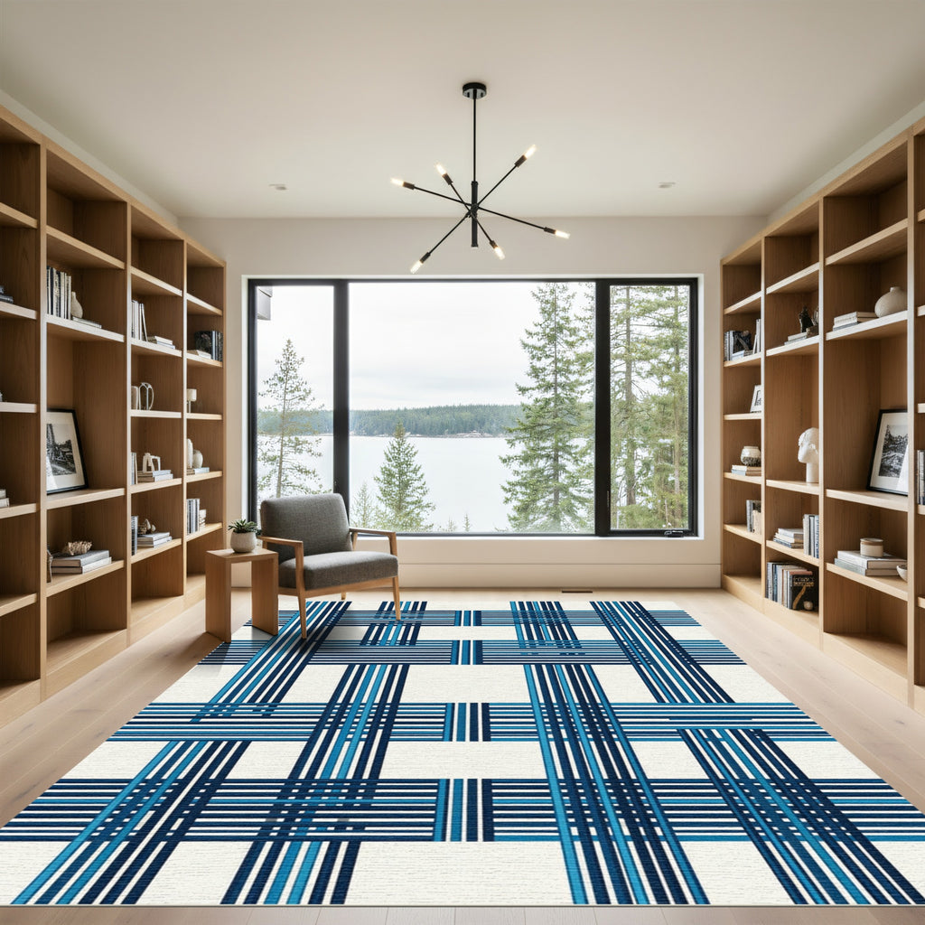Geometric Navy Blue Linear Check Rug