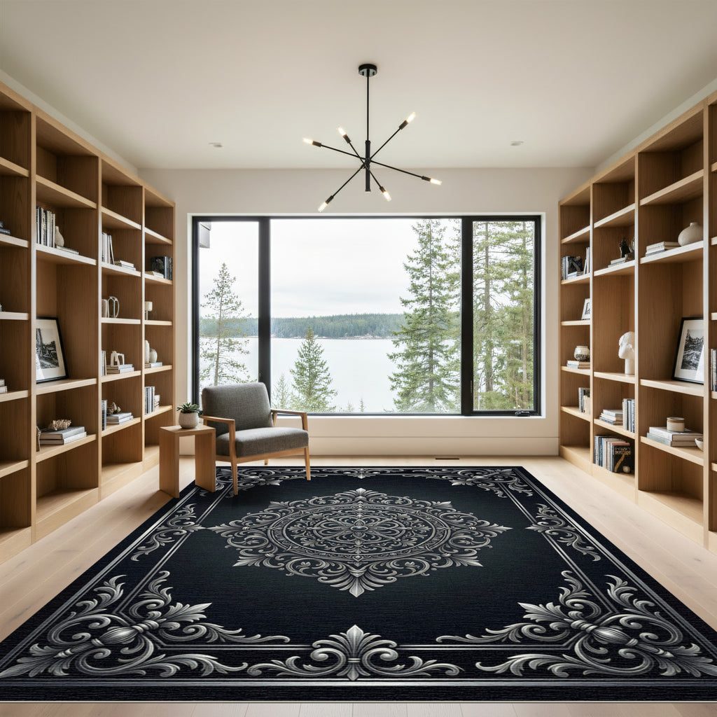 Ornate Silver Floral Medallion Frame Rug