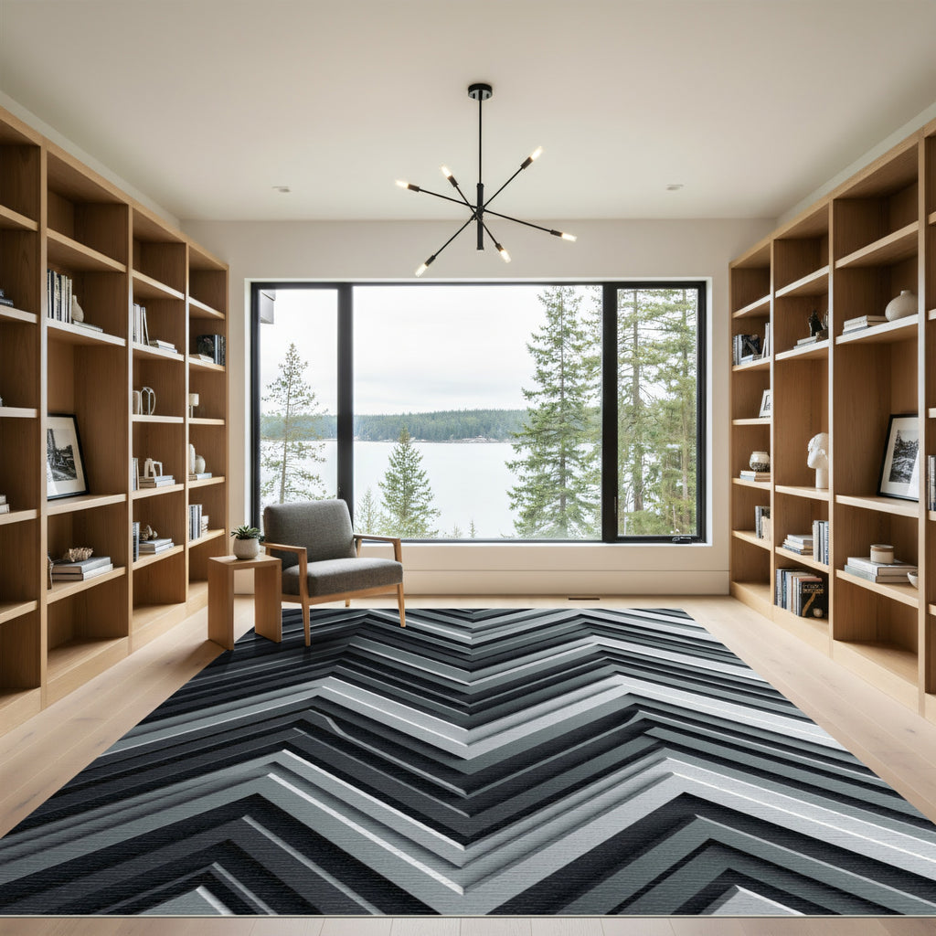 Monochromatic Silver Geometric Chevron Layered Rug