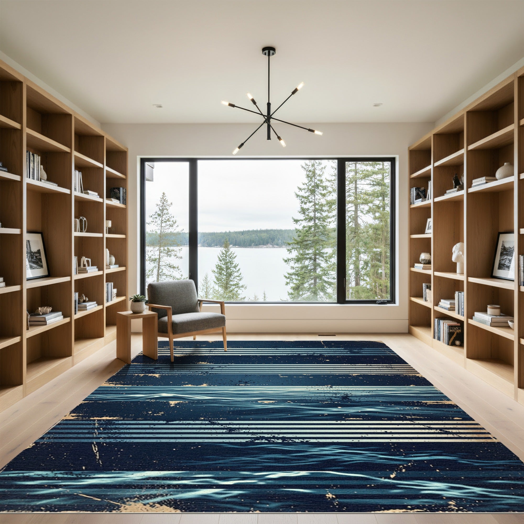 Distressed Navy Blue Oceanic Striped Horizon Rug